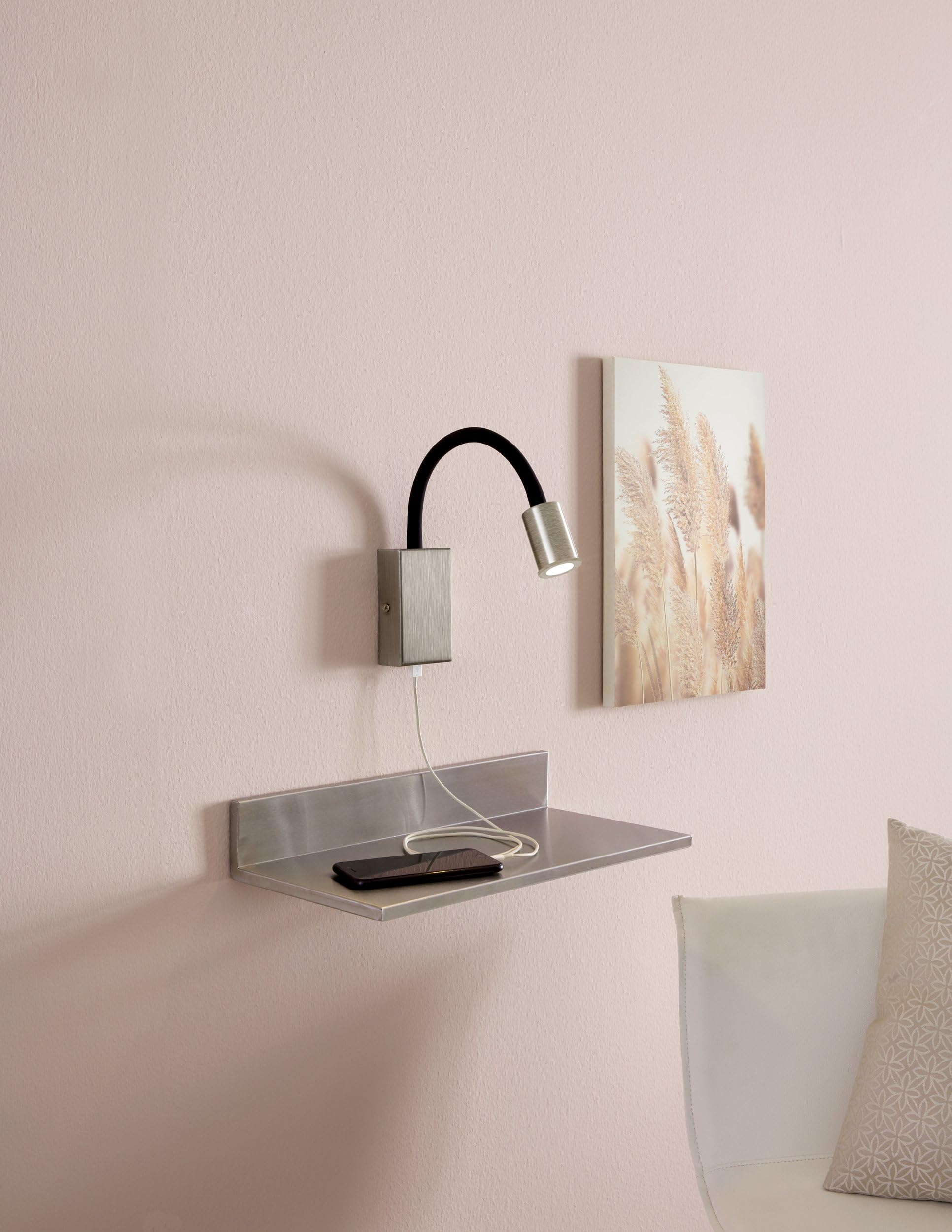 EGLO LED-Wandlampe Tazzoli, Wandleuchte mit USB-Anschluss, Wandstrahler | innen aus Metall und Kunststoff mit flexiblem Lesearm, Schlafzimmerlampe in Nickel-Matt, Schwarz, Leselampe warmweiß