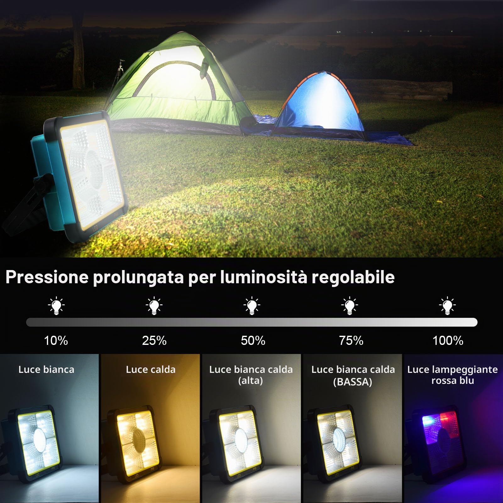 ERAY 100W Faro LED Ricaricabile Batteria da 12000mAh | 5 Modalità, 480 Perle LED, Pannello Solare, Faretto LED da Cantiere per Emergenza, Campeggio, Riparazione, Garage, Esterni