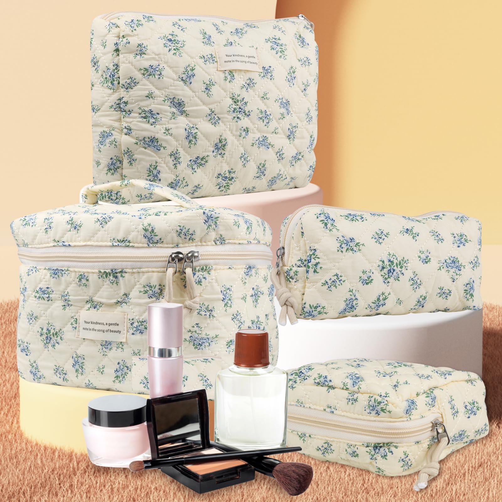 VIWIME Make-up-Kosmetiktasche, groß, Baumwolle, gesteppt, Reise-Kokette, ästhetisch, niedliches Blumenmuster, Make-up-Tasche für Damen, Kulturbeutel, 203 - Blaue Rose, 4 Stück, 10.1x5.8x5.4 inches