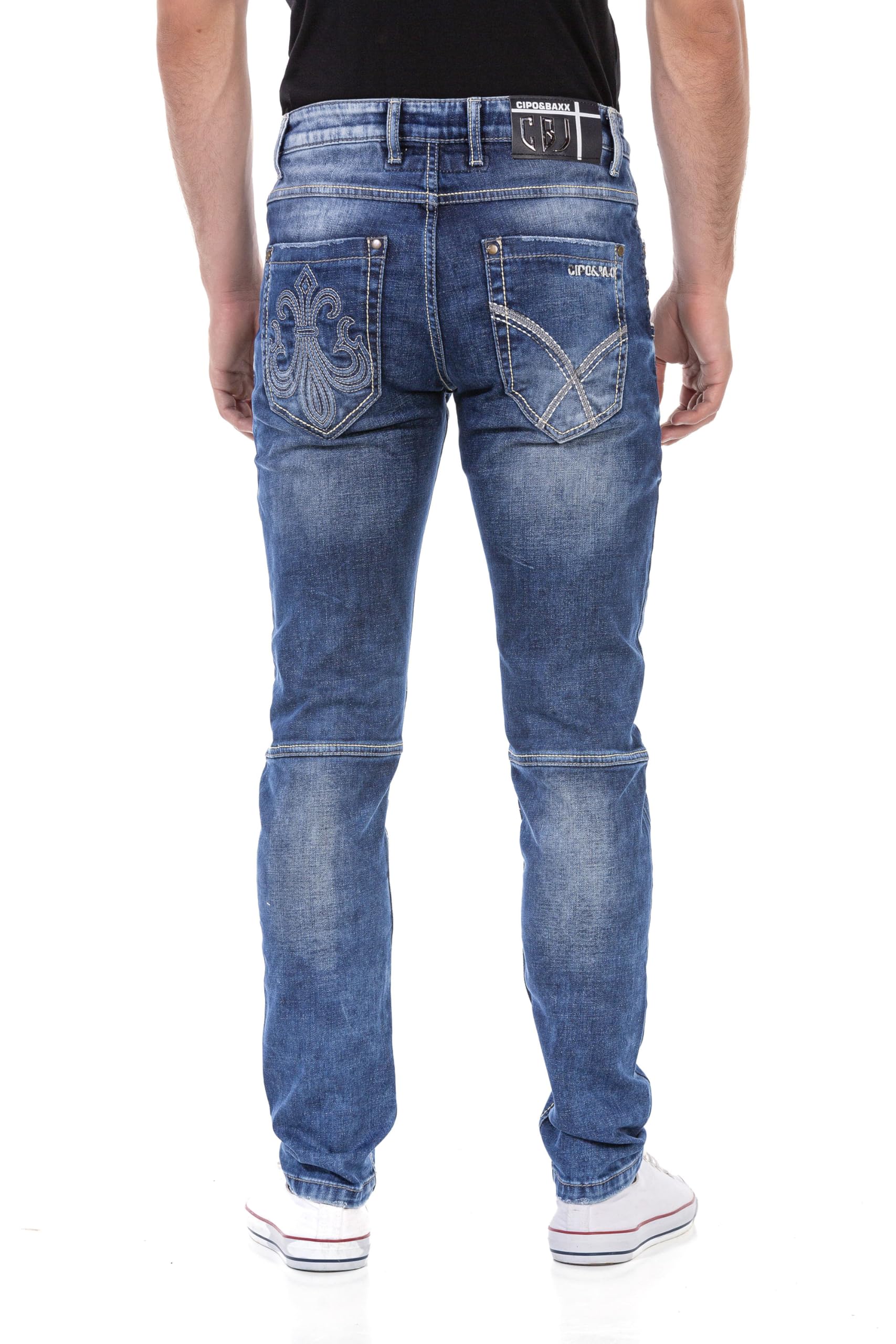 Cipo & Baxx Pantalones vaqueros para hombre, corte recto, pantalones vaqueros regulares en costura de contraste, pantalones vaqueros de algodón alto para hombres con costuras decorativas modernas,