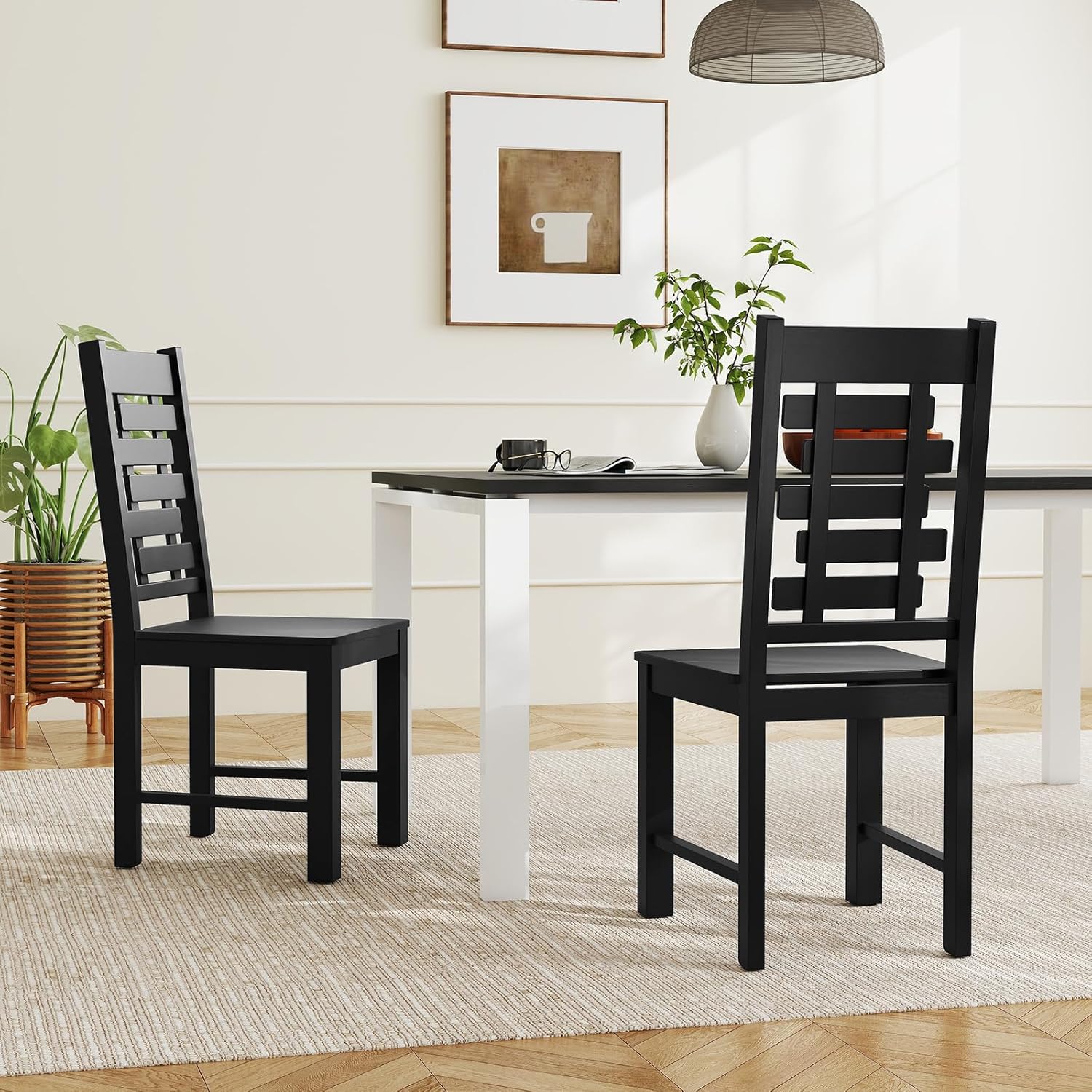 Giantex Wooden Dining Chairs Set of 2, 100% Solid Rubber Wood Kitchen Chair with High & Tilted Backrest, Wide Seat, Mid-Century Modern Side Armless Chairs for Dining Room Living Room, Black