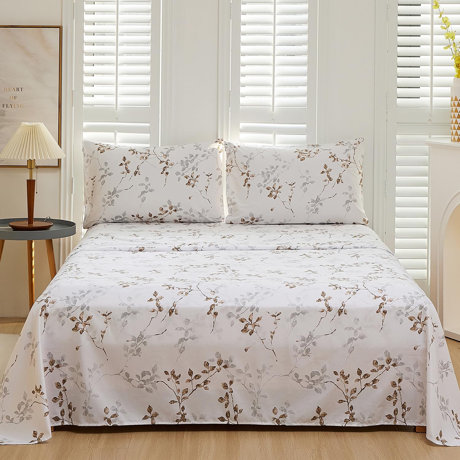 Vaulia Soft Cooling Microfiber Branches and Floral Print Pattern Sheet Sets, White/Light Grey Color King Size (2 Pillowcases 1 Fitted Sheet 1 Flat Sheet)