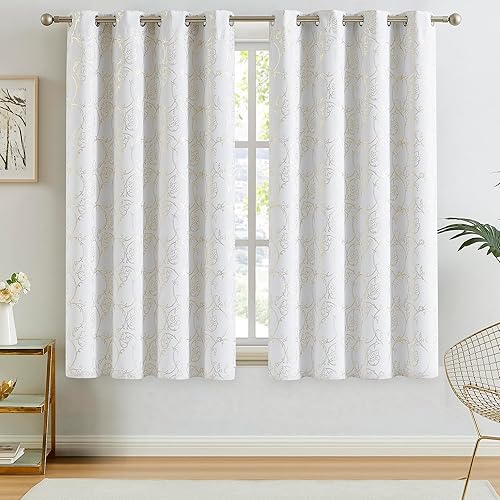 Miniatura 2 de Enactex Cortinas 100% opacas de 84 pulgadas de largo para dormitorio, cortinas con patrón floral dorado para sala de estar, oscurecimiento de la