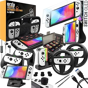 Orzly Accessories Bundle Compatible with Nintendo Switch - OLED Geek Pack: Case & Screen Protector, Joycon Grips & Racing Wheels, Controller Charge Dock, Comfort Grip Case & More - Black