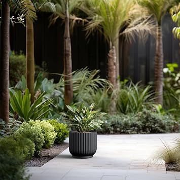 Kante Round Fulted Planter, 11 Inch Dia Large Concrete Plant Pots with Drainage Hole and Rubber Plug, Modern Decor for Indoor Outdoor Plants, Flower, Black