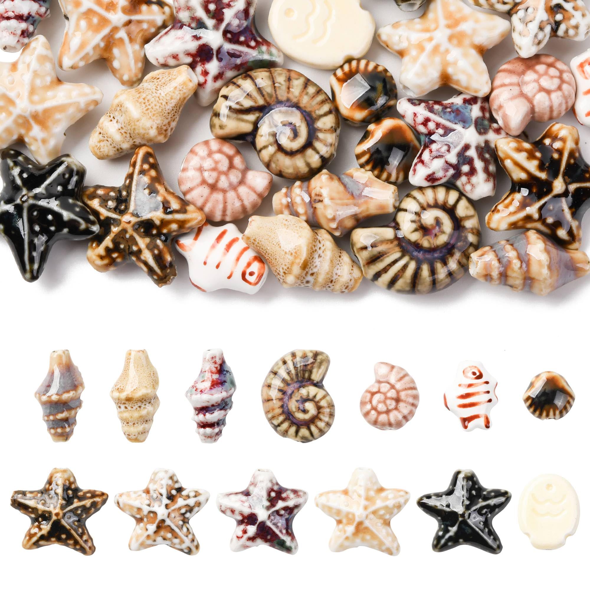 Perles en céramique pour bijoux : lot de 26 perles d'espacement coquillage et poisson
