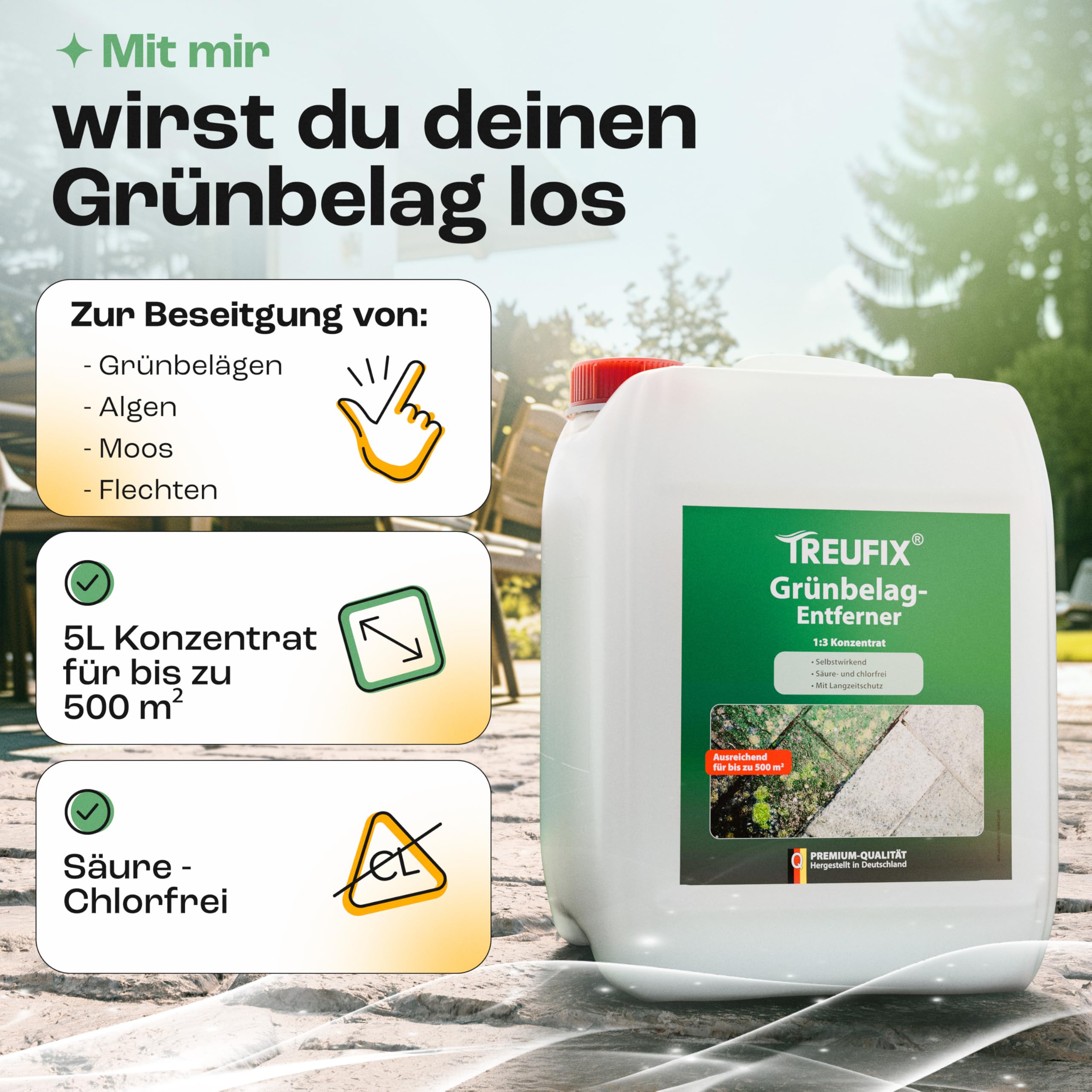 Treufix Grünbelagentferner & Moosentferner Konzentrat 5L | [Chlor- und säurefrei] Entfernung von Grünspan, Grünbelag & Moos |Steinreiniger für Pflastersteine, Terrassen - Made in DE
