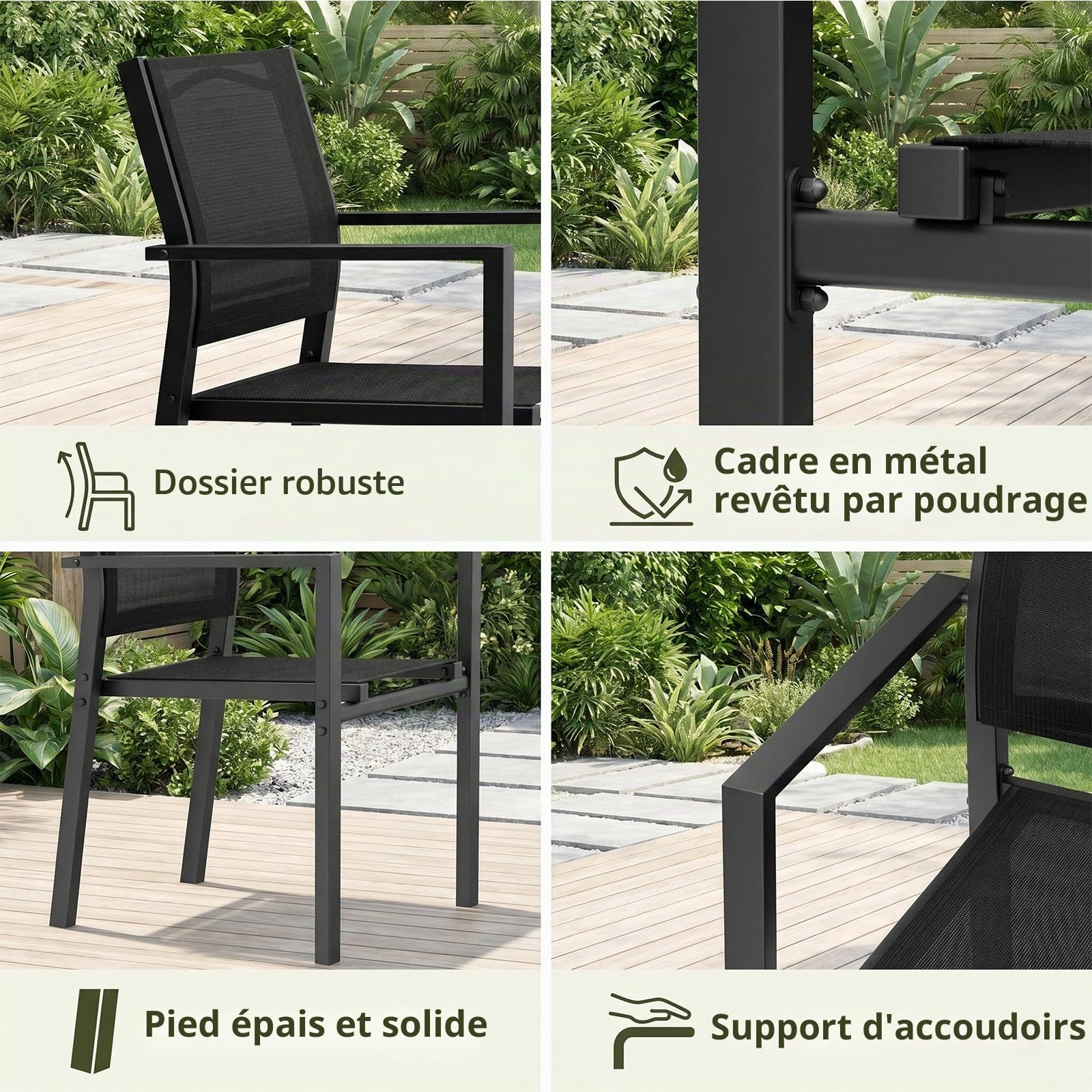 LIFERUN Lot de 4 chaises de Jardin, chaises empilables d'extérieur Respirant avec accoudoirs, Chaise de Salle à Manger en métal et Teslin, pour Jardin, Piscine, terrasse, jusqu'à 120 kg, Noir, 4 PCS