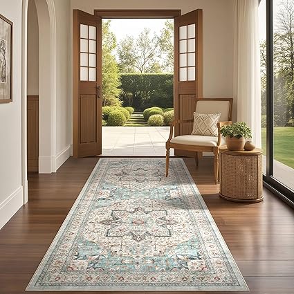 Tortania Area Rug 3x8 Runner Rugs - Washable Vintage Oriental Farmhouse Thin Indoor Carpet for Living Room Bedroom Hallway Entryway Kitchen Under Dining Table Home Office - Aqua Multi