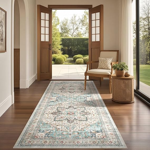 Tortania Area Rug 3x8 Runner Rugs - Washable Vintage Oriental Farmhouse Thin Indoor Carpet for Living Room Bedroom Hallway Entryway Kitchen Under Dining Table Home Office - Aqua Multi