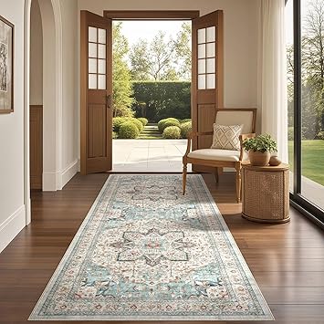 Tortania Area Rug 3x8 Runner Rugs - Washable Vintage Oriental Farmhouse Thin Indoor Carpet for Living Room Bedroom Hallway Entryway Kitchen Under Dining Table Home Office - Aqua Multi