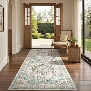 Tortania Area Rug 3x8 Runner Rugs - Washable Vintage Oriental Farmhouse Thin Indoor Carpet for Living Room Bedroom Hallway Entryway Kitchen Under Dining Table Home Office - Aqua Multi