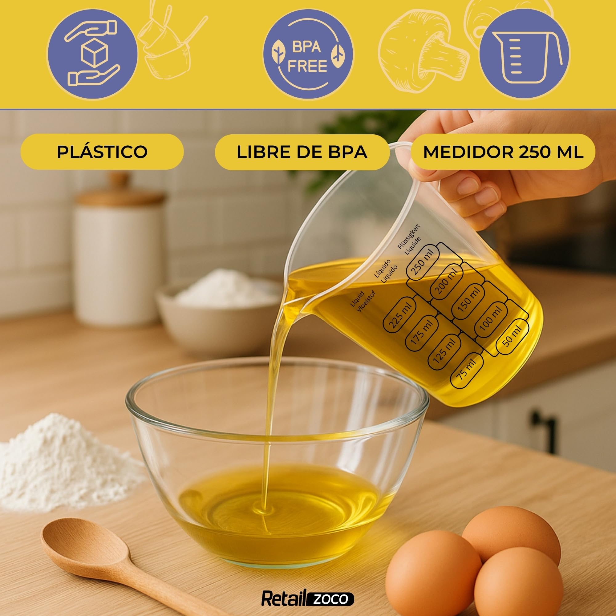 CHEFZOCO Jarra Medidora, Vaso medidor, Recipiente medidor para la cocina, Apto para calentar en microondas, Asa Ergonómica, Uso prolongado y repetido, Graduación dual ml/gr, Plástico, Transparente