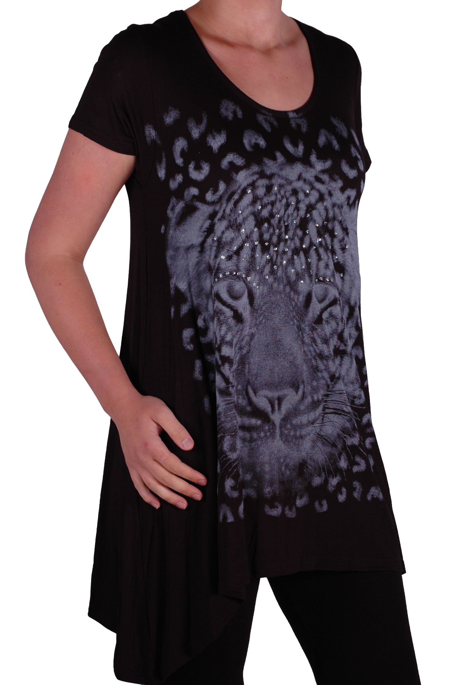 Eye Catch Women's Black Eyecatch Plus - Graphic Tiger Long Draped Sparkle Short Sleeve Stretch Top - Comfortable And Adjustable - Sizes 14-28