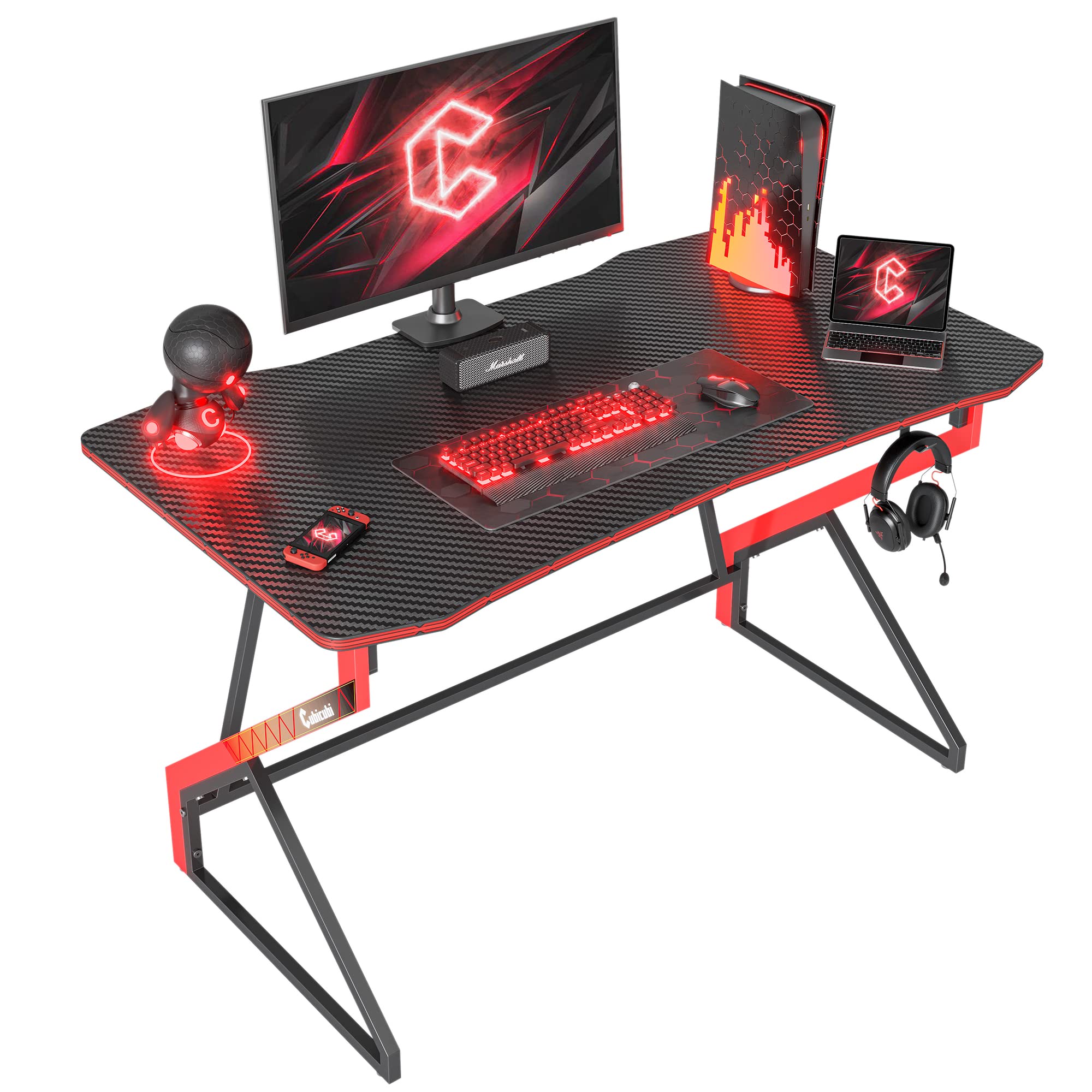 CubiCubiSimple Gaming Desk Z Shaped 100 x 60 cm Gamer Workstation, Home Computer Carbon Fiber Surface Gaming Desk PC Table with Headphone Hook