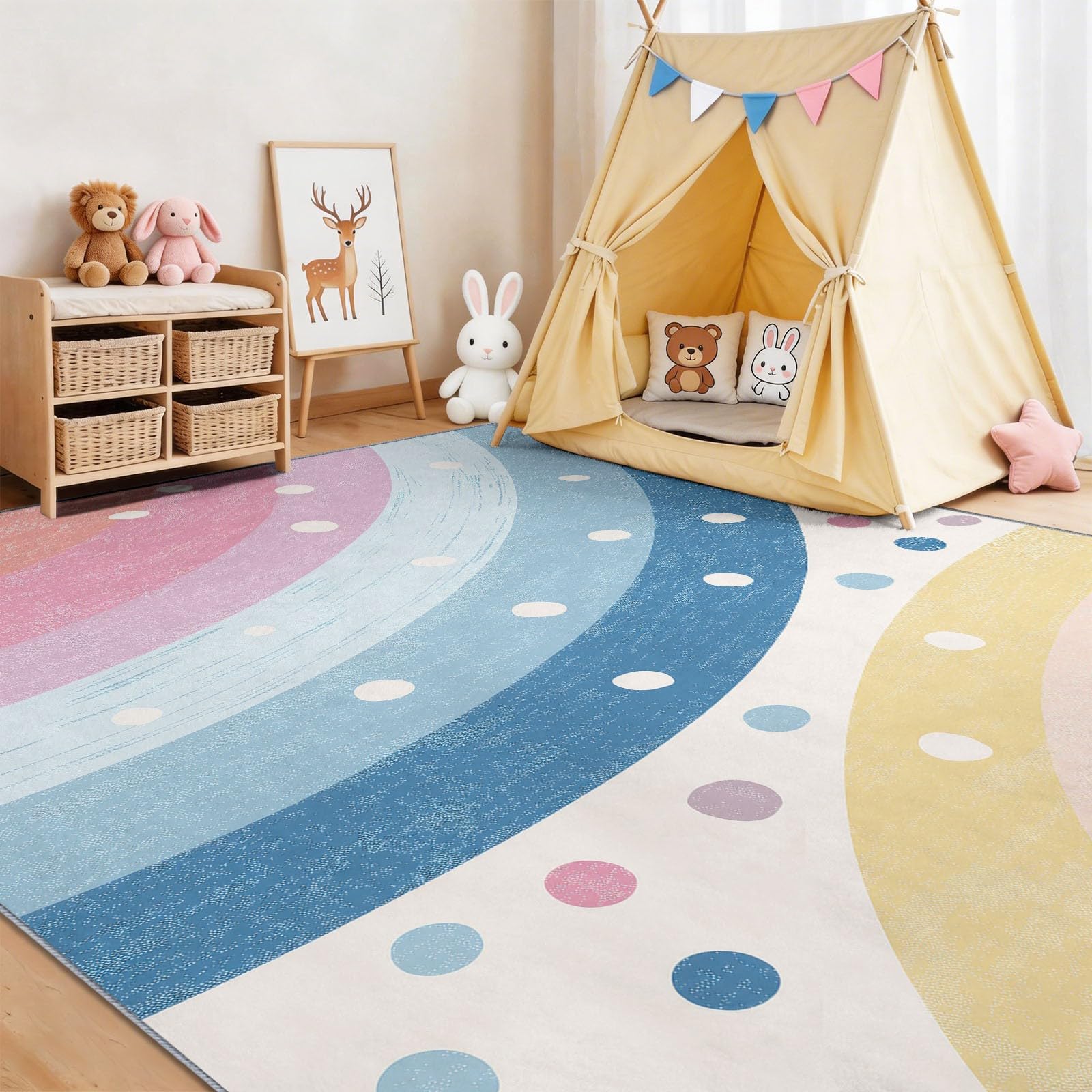 Waschbar Teppich 160 x 230 cm - Bohemian Minimalistisch Tupfen Regenbogen Teppiche Wohnzimmer - Weich, Kurzflor & rutschfest Teppich Schlafzimme für Teenager Mädchen & Jungen, Mehrfarbig