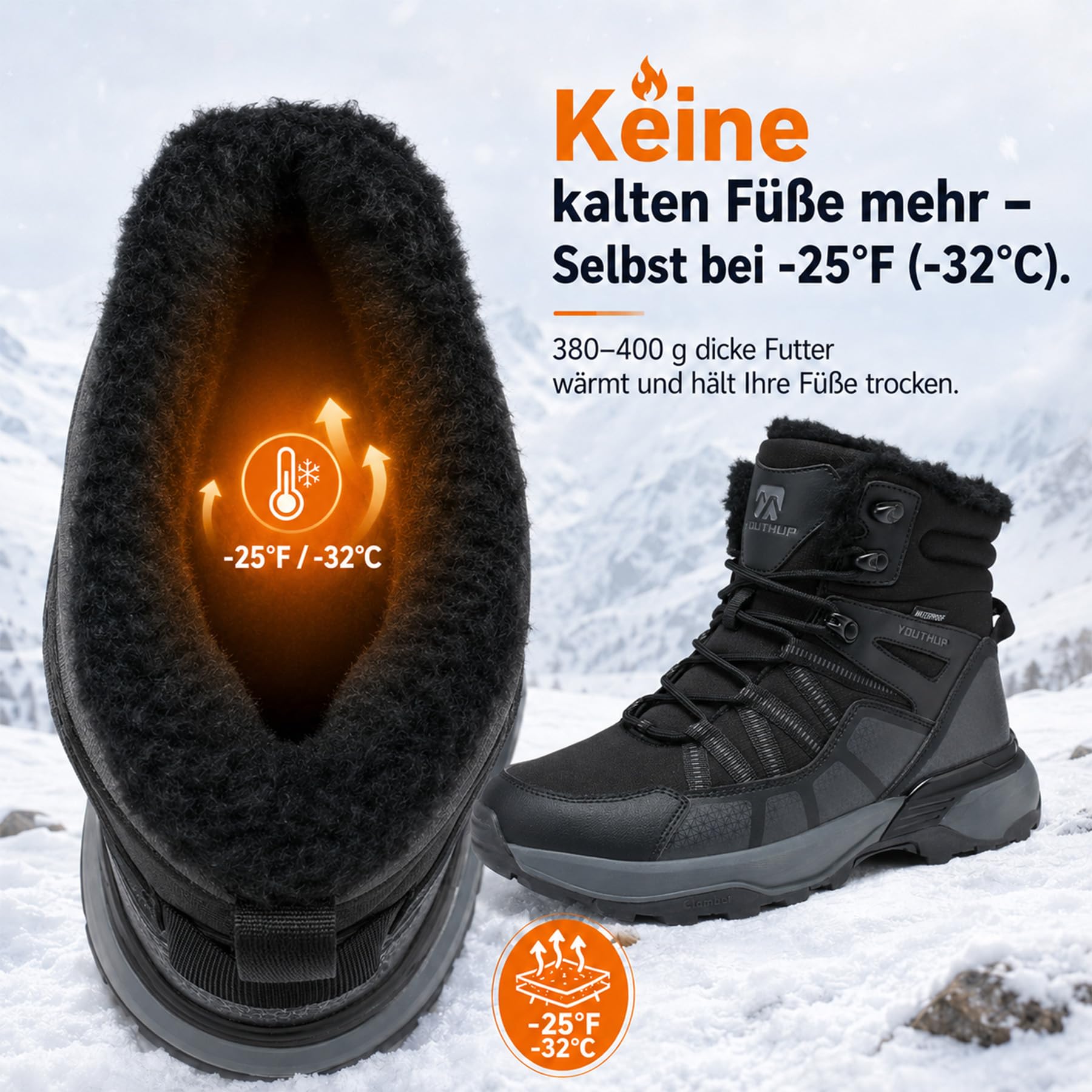 YOUTHUP Herren Winterstiefel Wasserdicht Warm Extra Dicke Schneestiefel