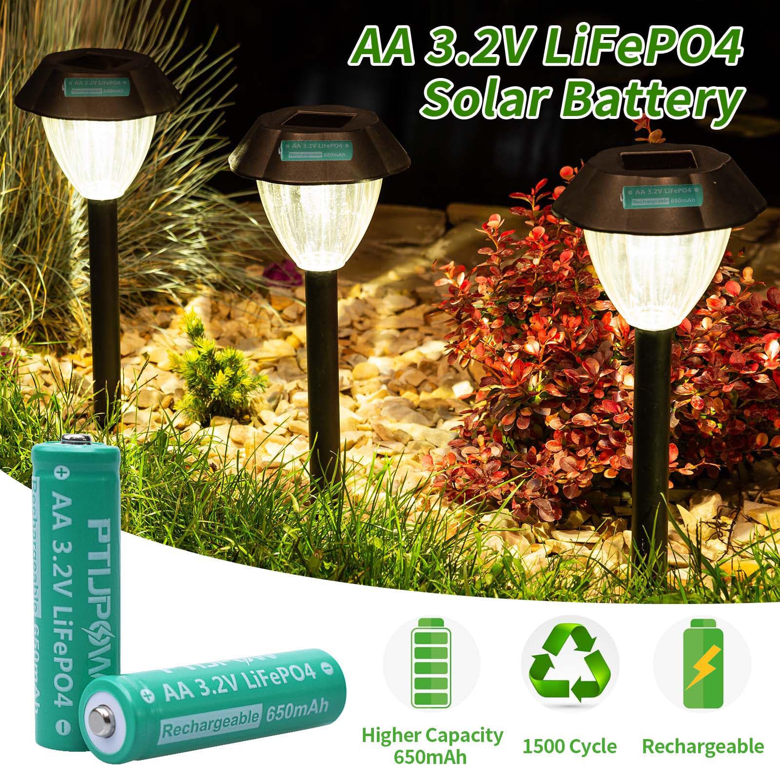 PTIJPOW AA 3.2V LiFePo4 650mAh Solar Battery, AA 3.2V Lithium Iron Phosphate Rechargeable Battery for Garden Solar Light- (2-Pack)