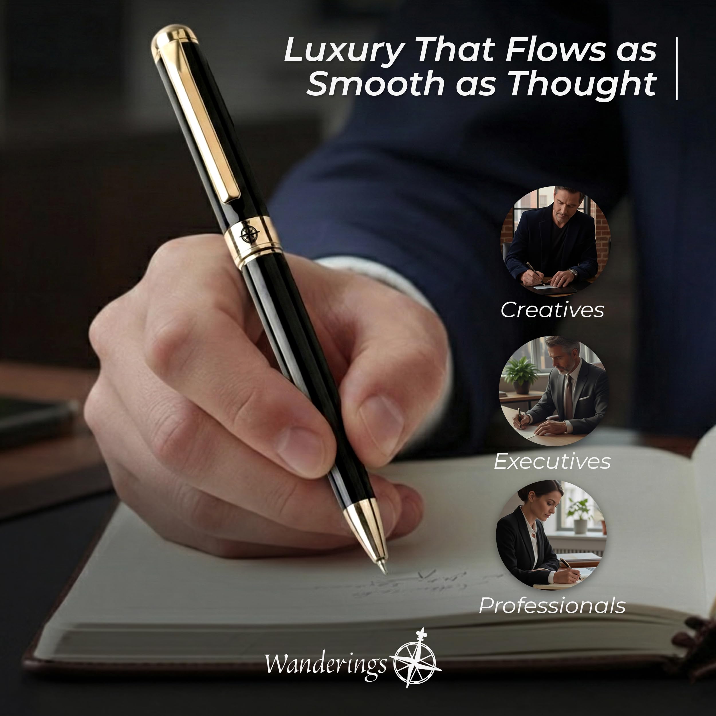 WANDERINGS Premium Ballpoint Pen with German Ink Perfectly Balanced for a Superb Writing Experience, 24K Gold Plated Piano Black - Includes a Schmidt Refill in a Giftable Presentation Case - Image 4