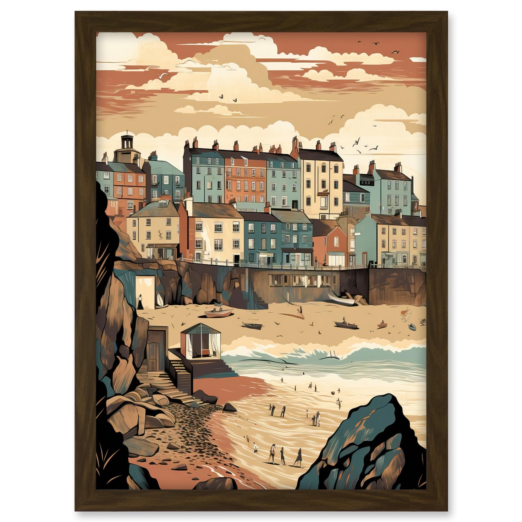 Artery8 Tenby Harbour Beach Pastel Colour Coastal Town Artwork Framed A3 Wall Art Print