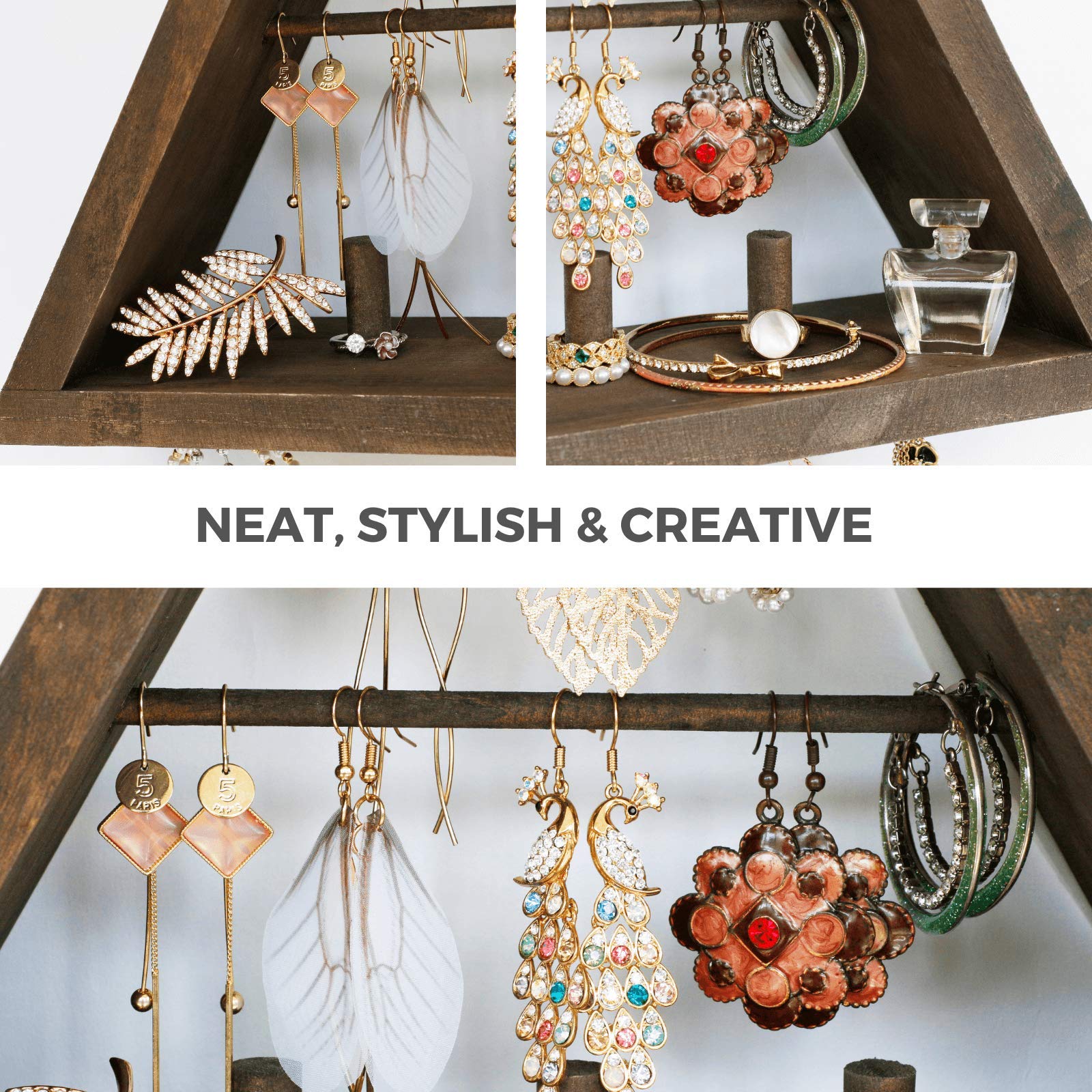 FigureGrain Wall Mounted Jewelry Organizer - Acacia Wood Triangle Display Shelf For Necklaces & Rings