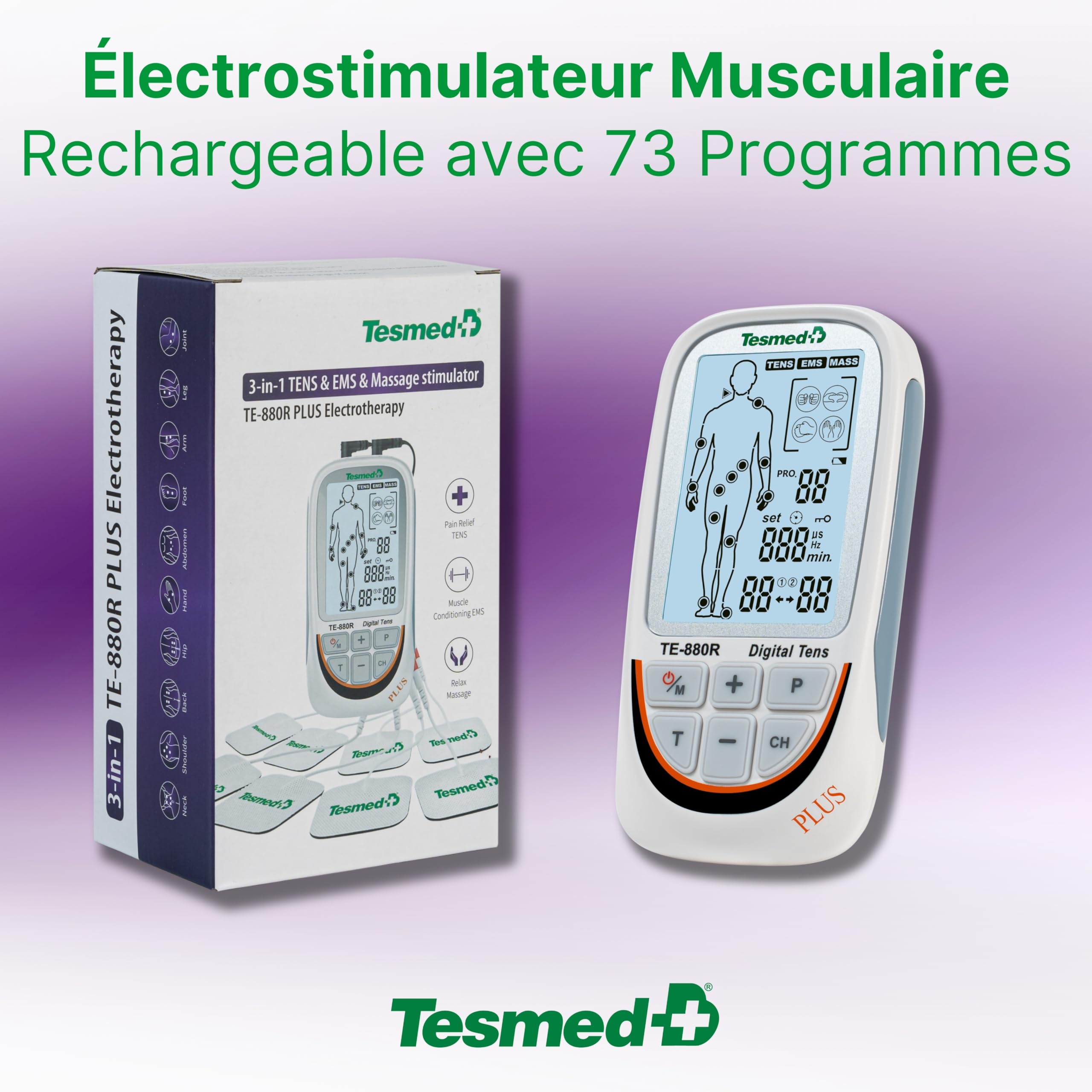 TESMED TE-880R Plus Électrostimulateur Musculaire Rechargeable, EMS, TENS, Massage - 73 programmes dont 2 personnalisables - Fonctionne avec 8 électrodes
