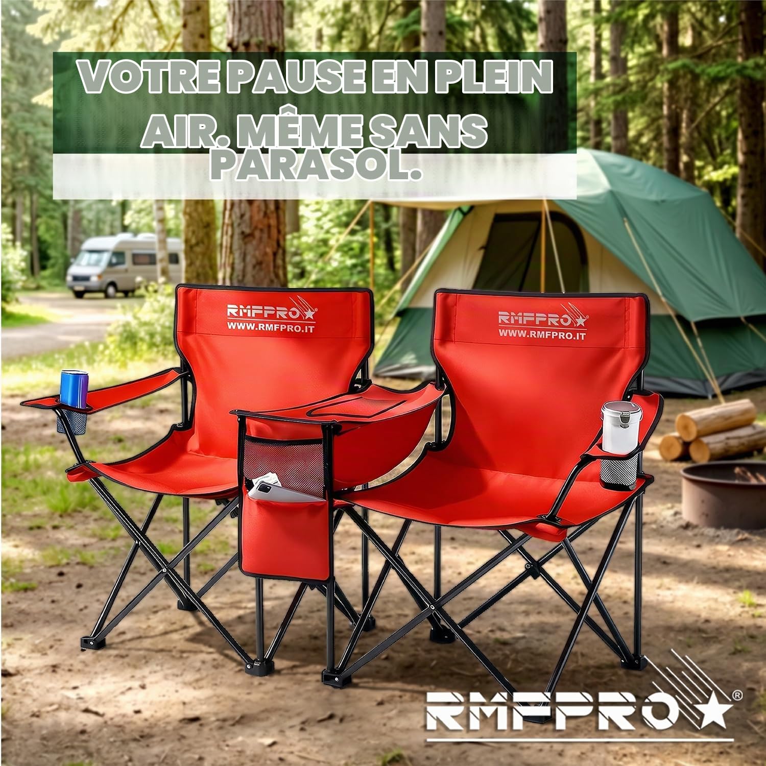 Set avec Parasol et 2 Chaises d'Extérieur idéal pour la Mer ou Le Camping, avec Glacière Centrale et Porte-Boissons - Idéal Aussi pour la Pêche, Structure en Acier avec Housse Transport Rouge