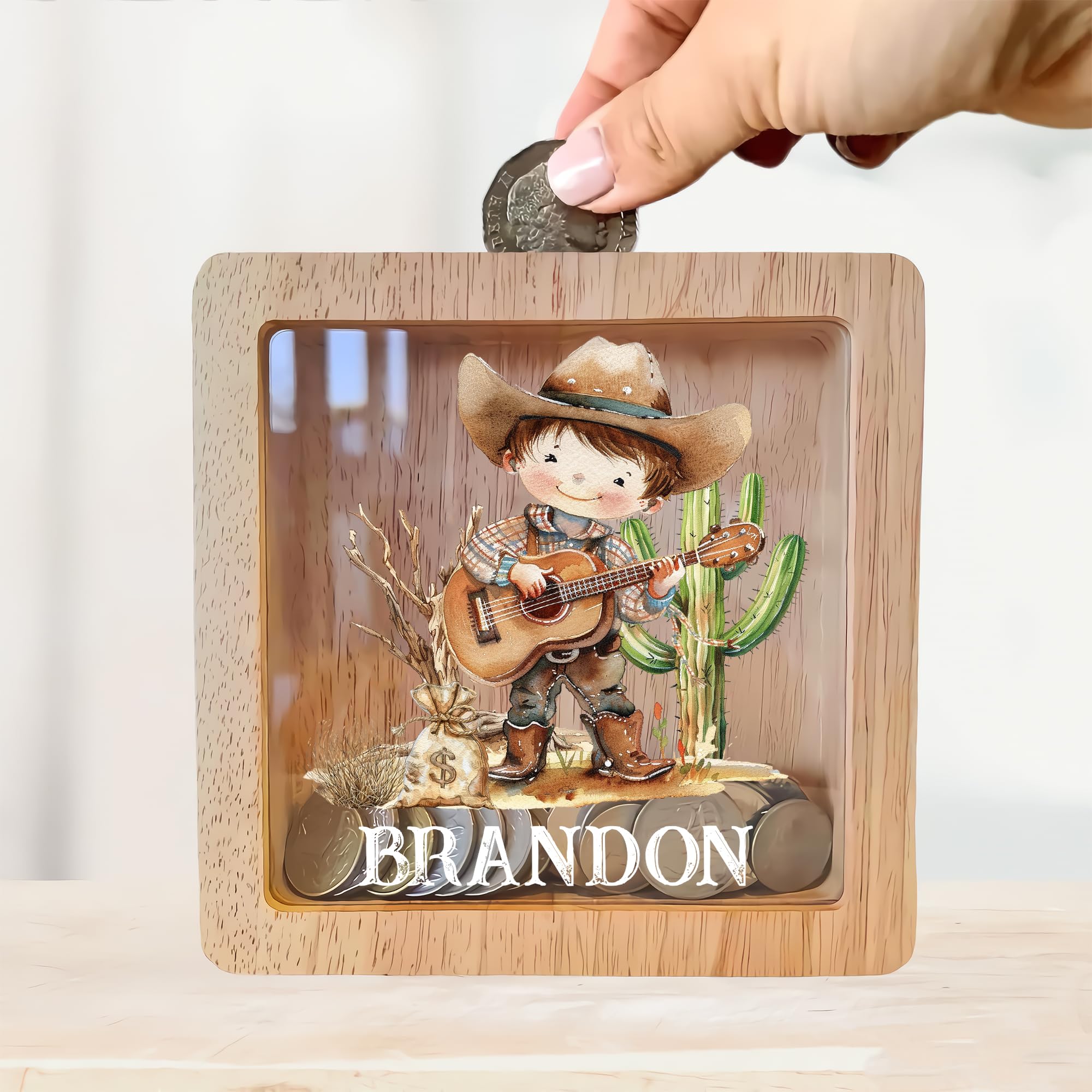 Personalized Piggy Bank, 6.7"x6.7" Wooden Money Banks for Kids, Custom Gifts for Boys and Girls, Personalized Piggy Bank for Girls (Cowboy HPDK53)