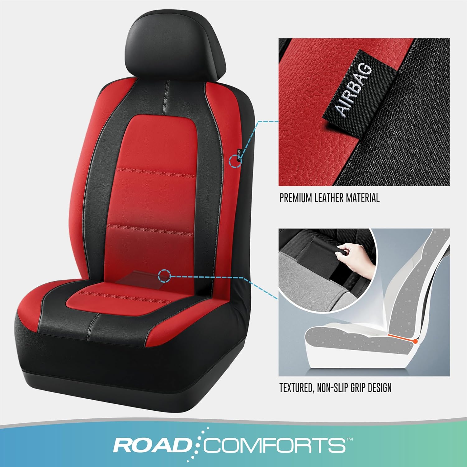 Road Comforts Car Seat Cover, Leather Car Seat Covers, Front Low Back Sport Seat Covers, Airbag Compatible, Universal Fits for Most Cars (Red)