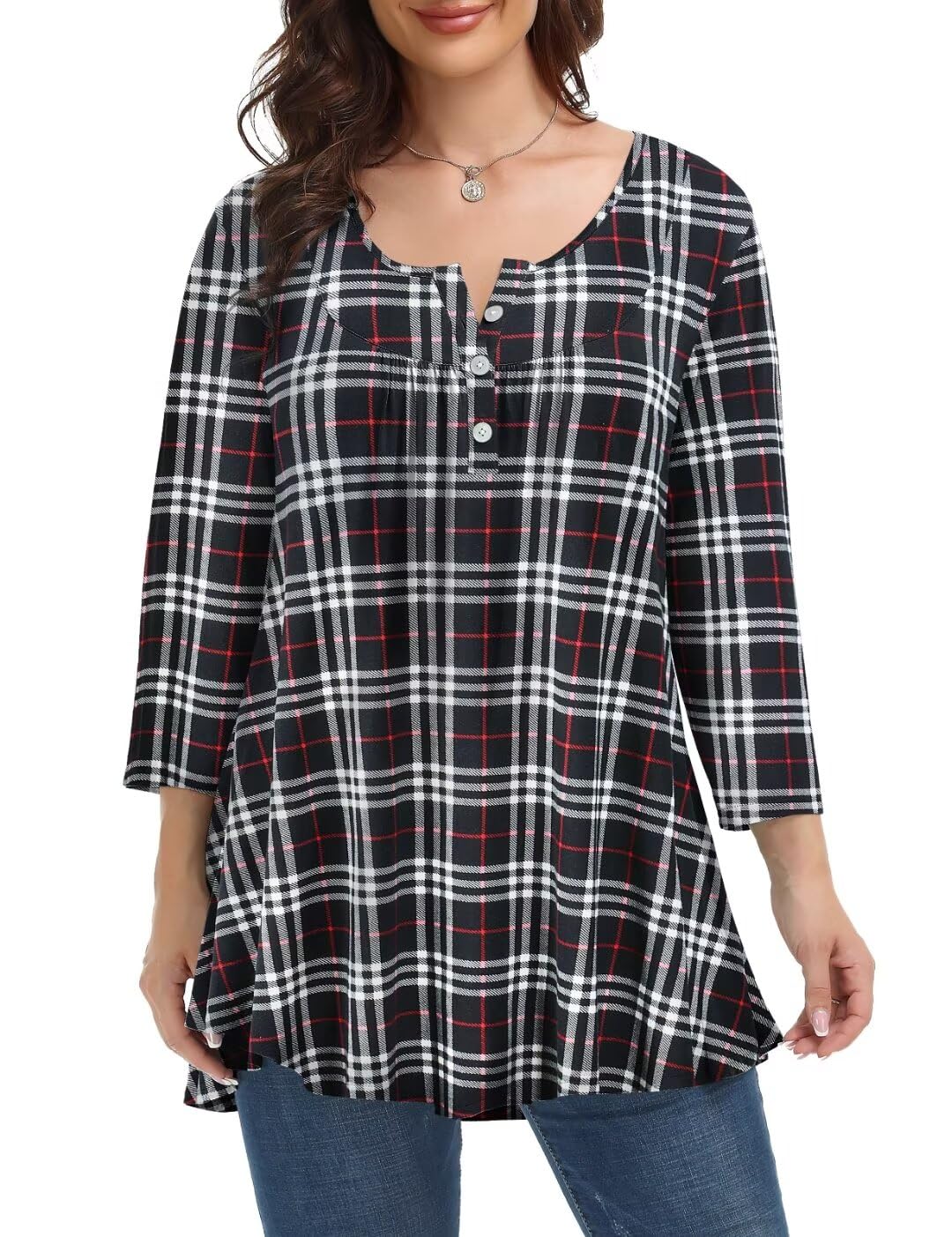 MONNURO Women's Plus Size Henley Tunic Top - 3/4 Sleeve V-Neck Pleated Blouse (Plaid Wine, 2X)