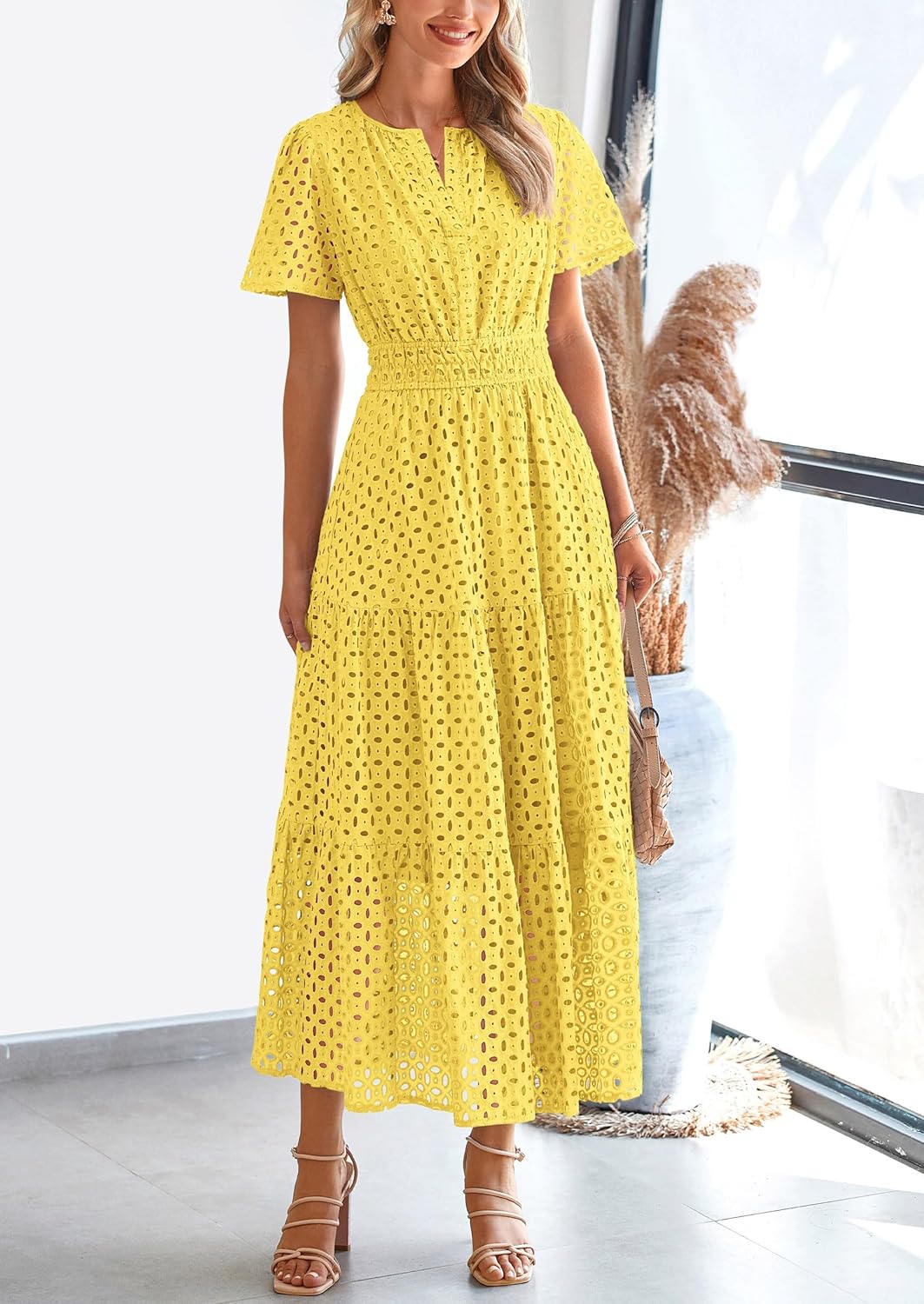 PRETTYGARDEN Womens 2026 Summer Maxi Dress Short Sleeve V Neck Hollow Out Eyelet A Line Long Flowy Beach Vacation Dresses - Image 6