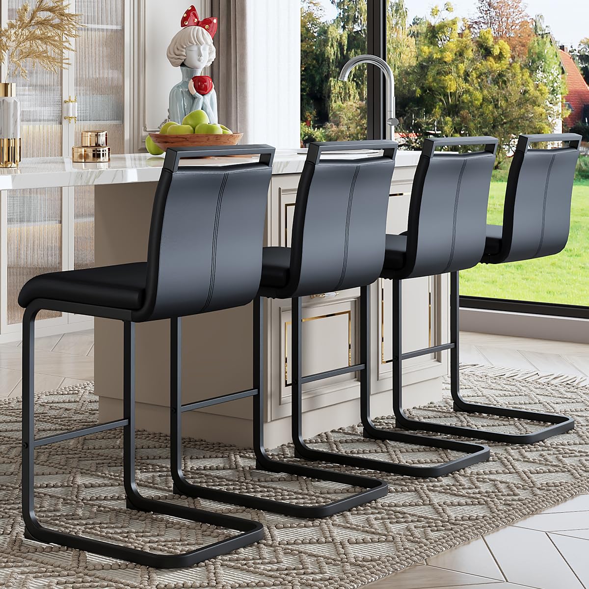 LUFTUT Counter Height Bar Stools Set of 4,25'' Bar Stools for Kitchen Island,Black Barstools with Back,Metal Barstools with Black Painted Metal Leg,