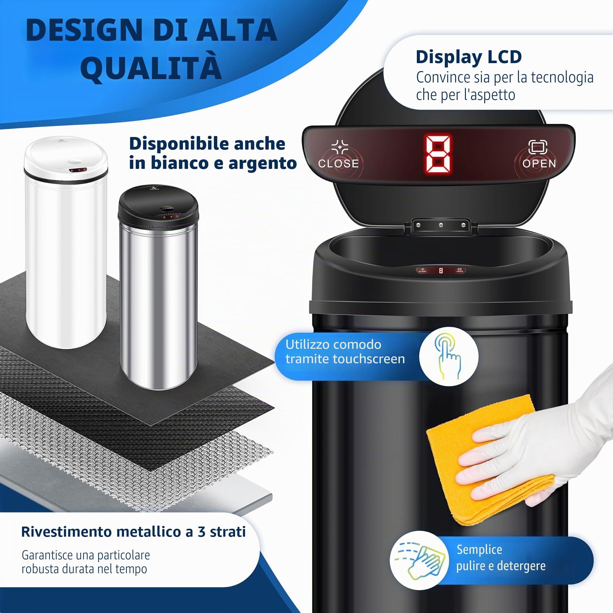 KESSER® Pattumiera con sensore ✓ Automatica ✓ Pattumiera ✓ Rifiuti | Acciaio inossidabile | Colore: nero | Dimensioni: 30 l