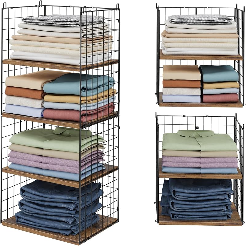 2 Pack Closet Organizers and Storage, Stackable Closet Shelf Organizer Heavy Duty Metal Wire Storage Bins with Adjustable Wood Shelf, Large Capacity Closet Storages for Bedroom Wardrobe Organization