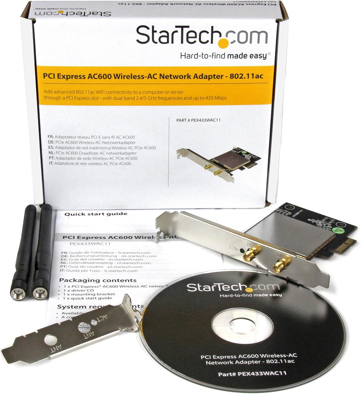 StarTech.com AC600 Wireless-AC Network Adapter - 802.11ac, PCI Express - Dual Band 2.4GHz / 5GHz PCIe Wireless Network Card, TAA (PEX433WAC11)