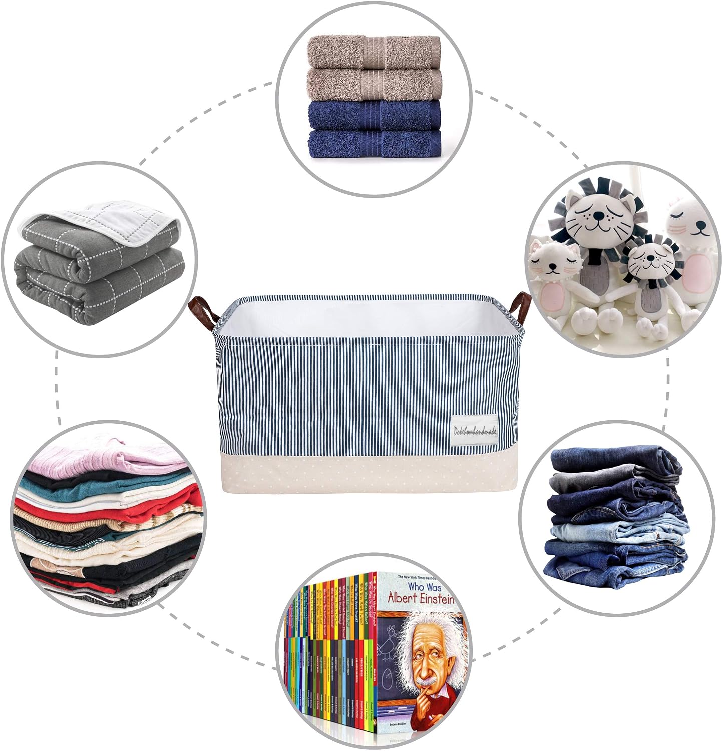 DOKEHOM 22-Inches X-Large Storage Basket with Lid, Drawstring Canvas Underbed Storage, Collapsible Laundry Hamper for Clothes (Navy Blue, XL)