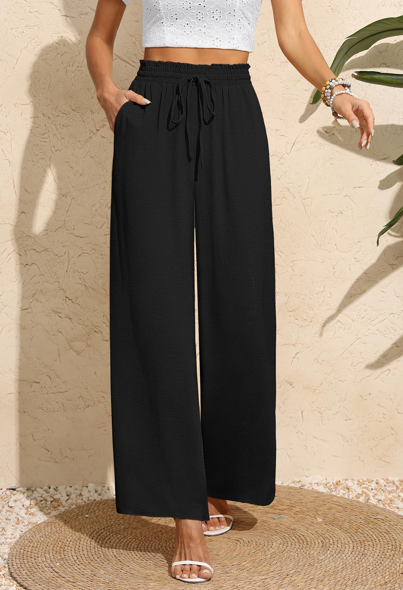 BEIGAI - Pantaloni da donna eleganti, ampi e larghi, con taglio dritto stile palazzo, a vita alta, elasticizzati, con tasche