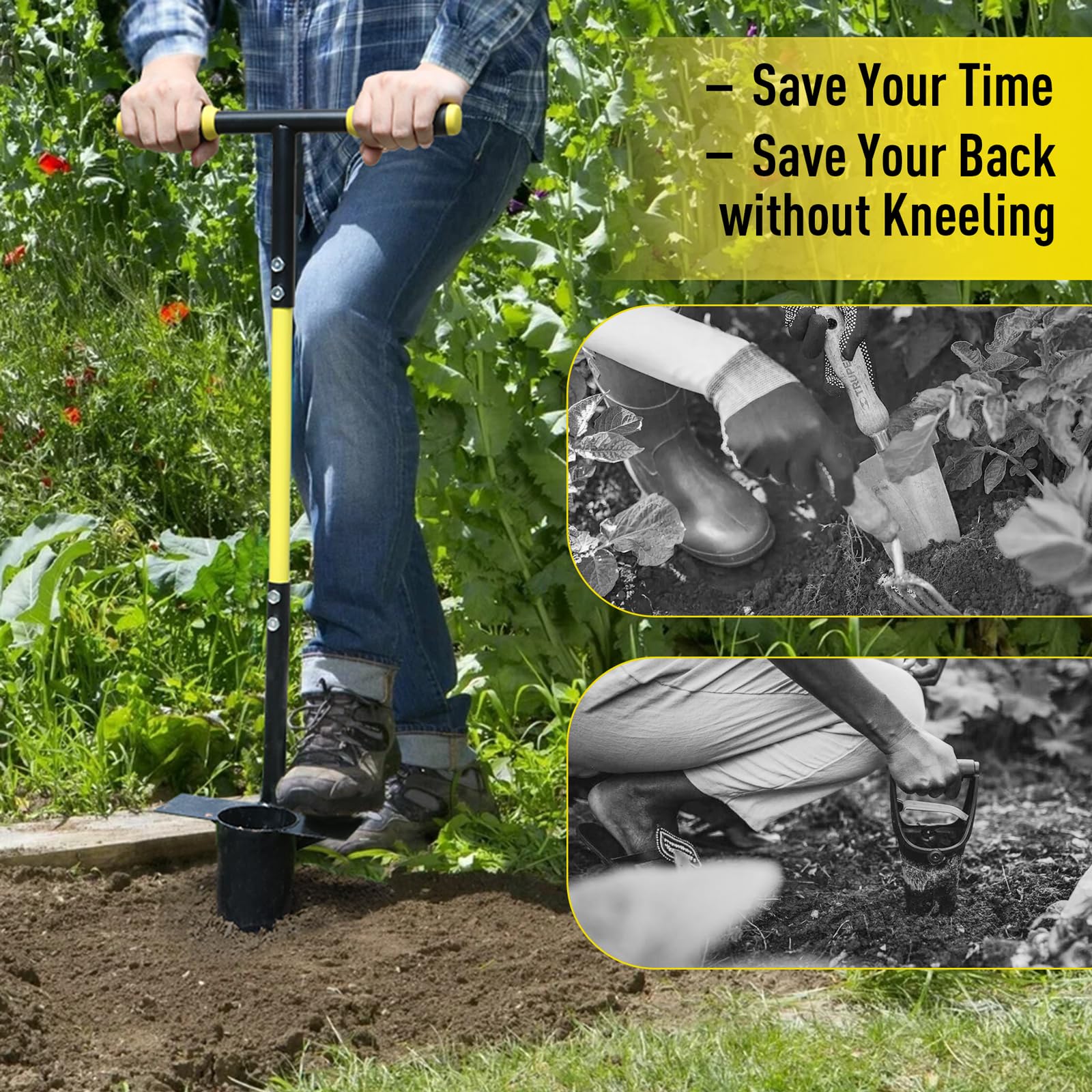 Jardineer Strumento per piantare bulbi con manico lungo, trapiantatore da giardino in acciaio inox resistente con manico ergonomico, ideale per piantare bulbi, piantine, fiori e verdure, strumento