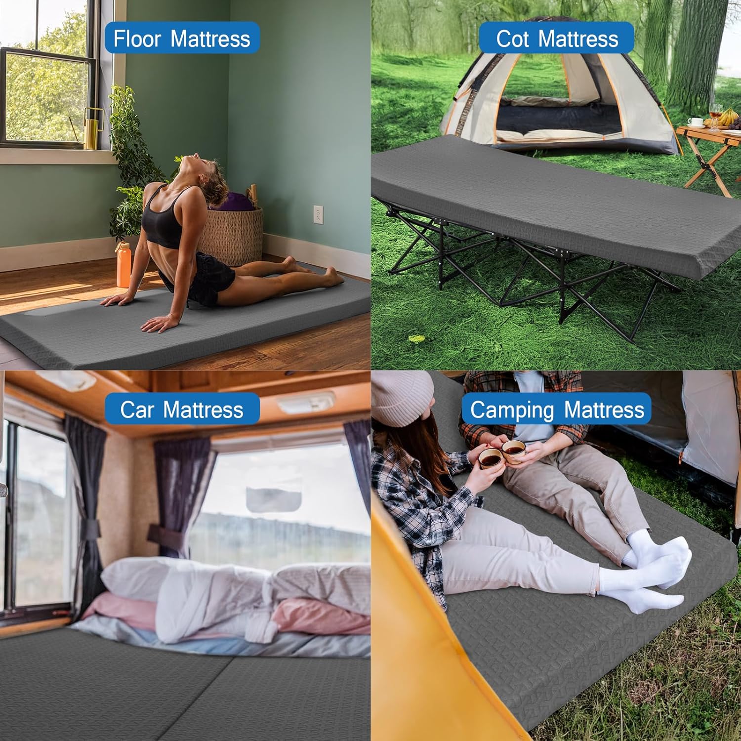 Memory Foam Camping Mattress Pad 3 Inch Thick, Portable Sleeping Pad with Waterproof Cover, Portable Roll Up Cot Mattress Pad Floor Mat for Travel Truck Bed Tent