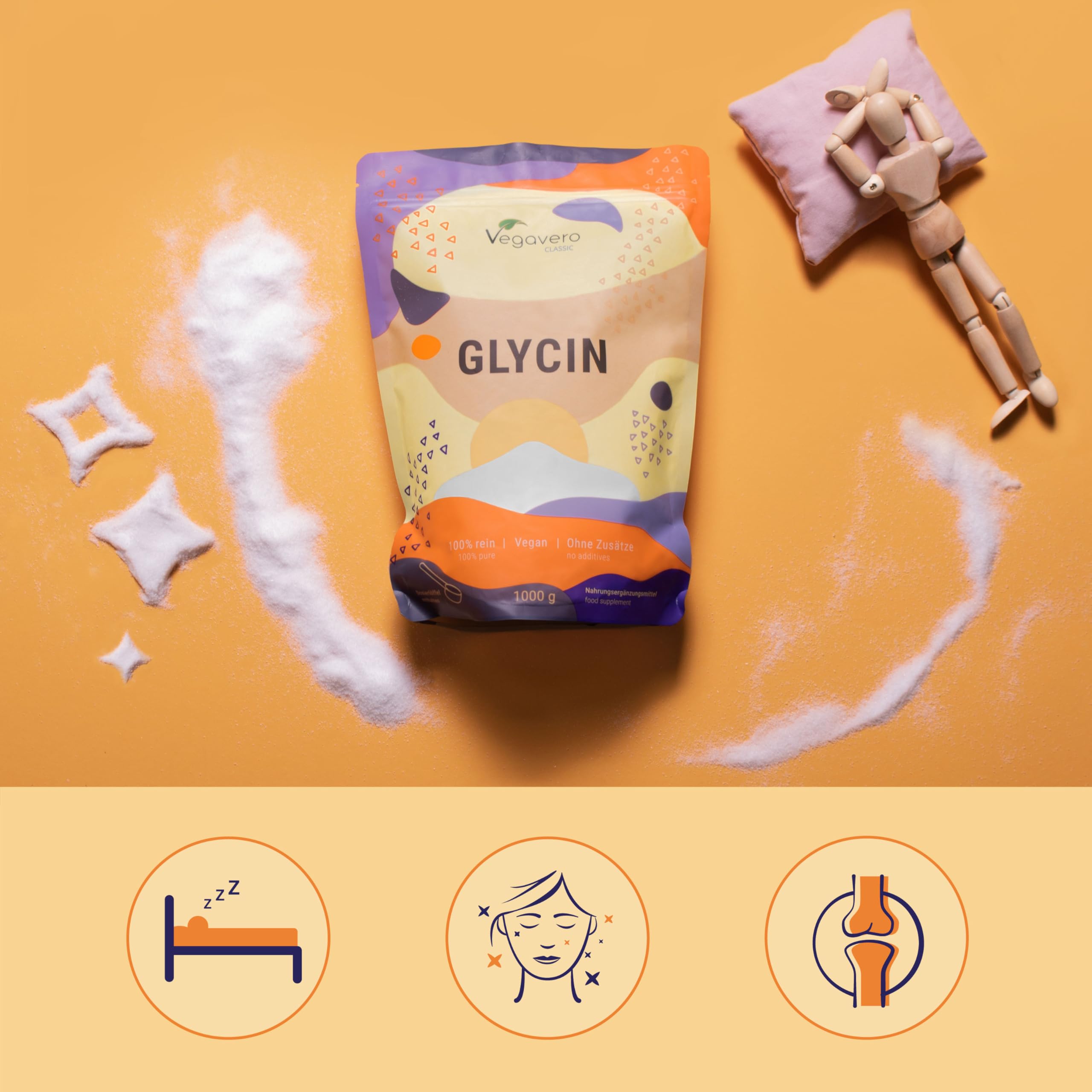 GLICINA Vegavero® | 1000 g (1 kg) in Polvere | 100% L-Glicina Pura | Senza Additivi | Integratore per Dormire Meglio e per Articolazioni | con Misurino | Vegan