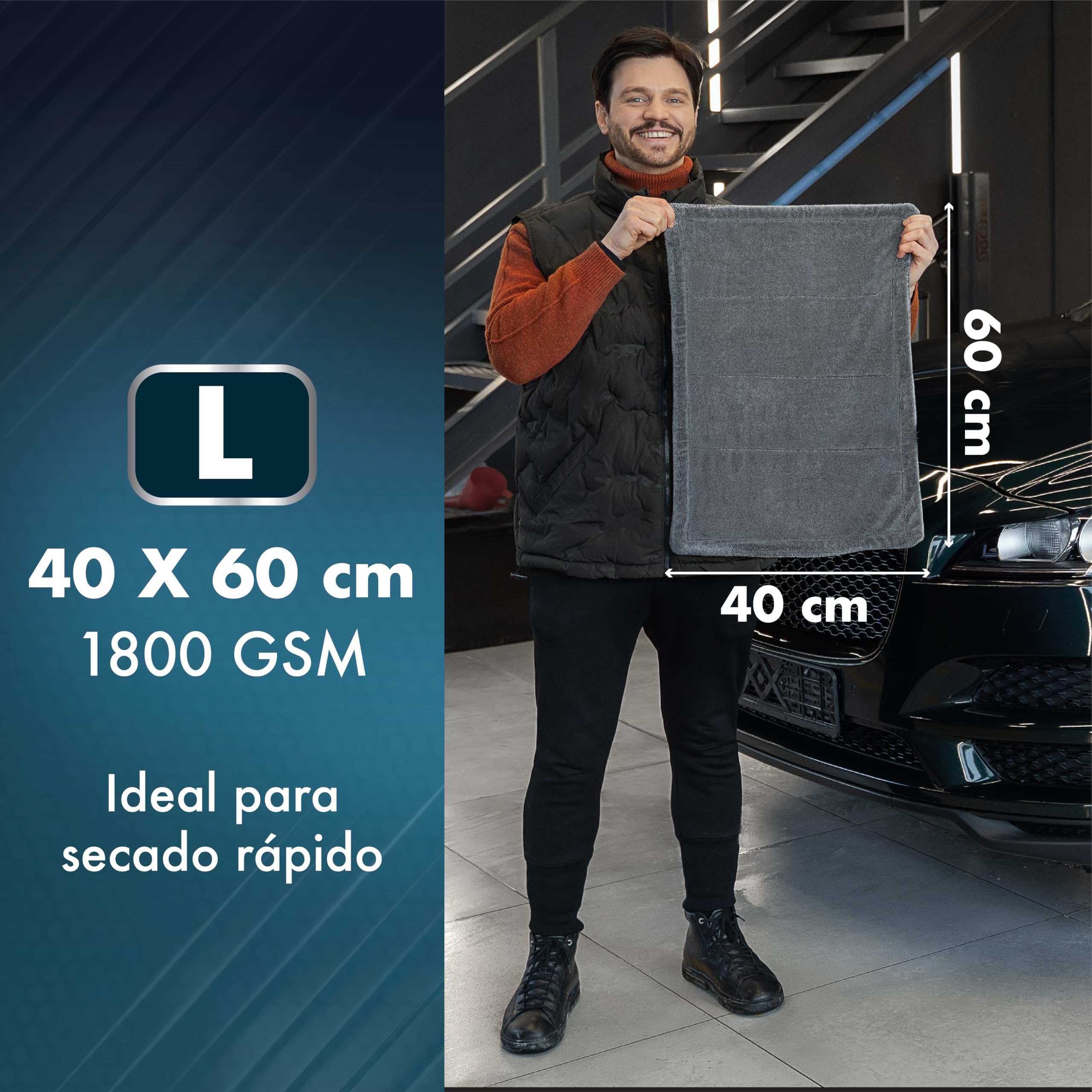 Paño de Secado para Coche L - 40x60 cm - 1800 g/m² Ultraabsorbente para Limpieza Coche & Detailing - 3