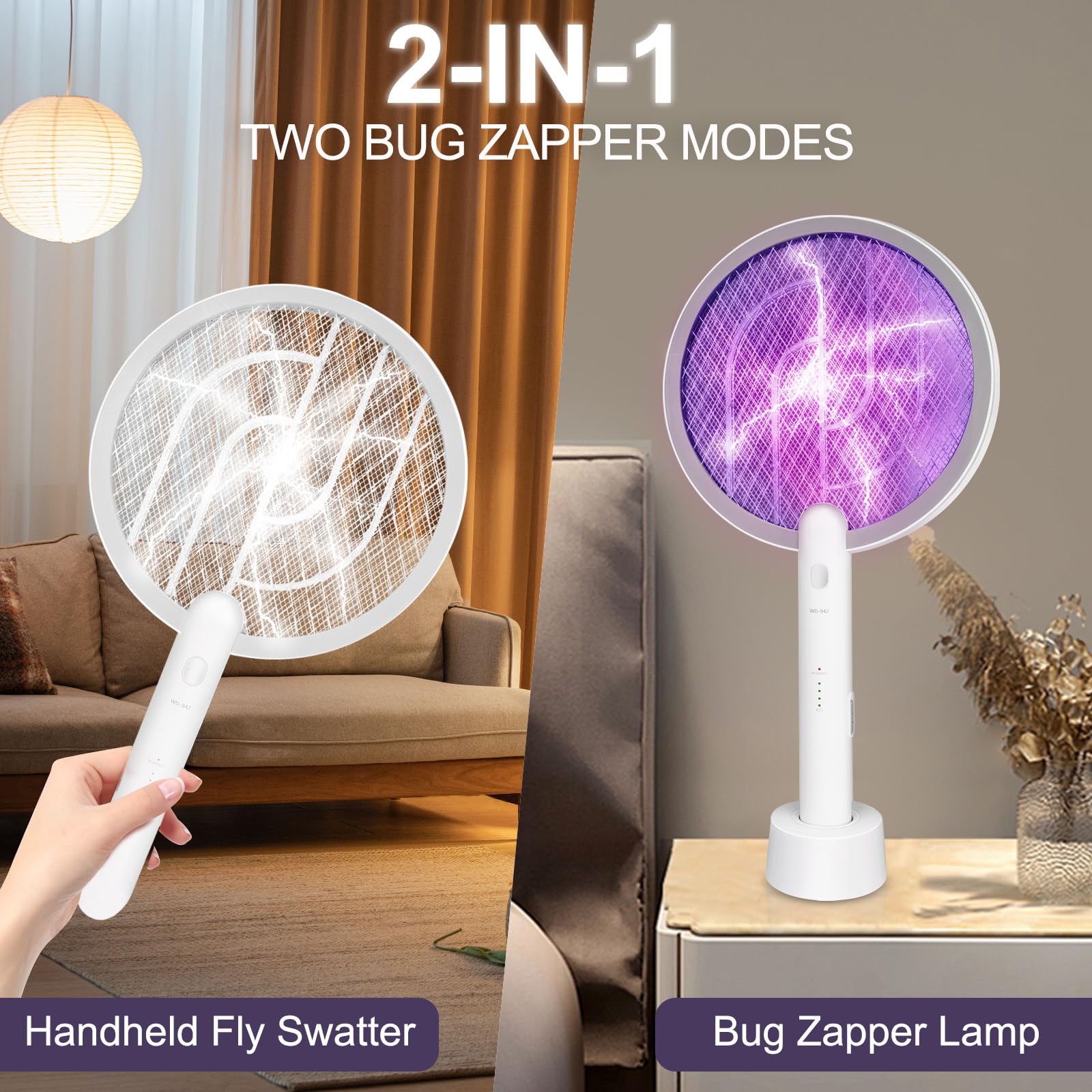 Racchetta scacciamosche elettrica 2 in 1, racchetta insetticida e lampada antizanzare, ricaricabile tramite USB, con batteria da 1200 mAh, per interni ed esterni, casa, cortile, patio, campeggio