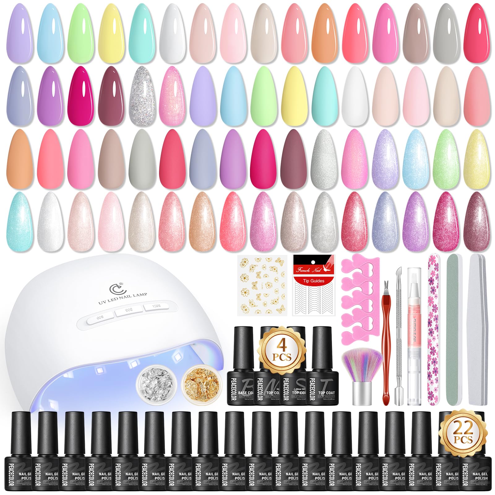 PEACECOLOR 44 PCS UV Nagellack Set mit Lampe, 22 Farben Gel Nägel Set,4 PCS Base Top Coat mit Matte und Glitzer Gel Nagellack Set, Gelnägel Starterset Maniküre Set Komplett
