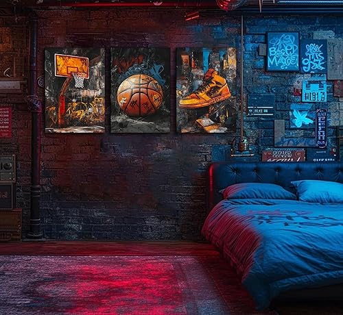 Miniatura 5 de 3 piezas de graffiti lienzo de baloncesto arte de pared para cancha de baloncesto, imágenes de decoración de pared, diseño retro abstracto de