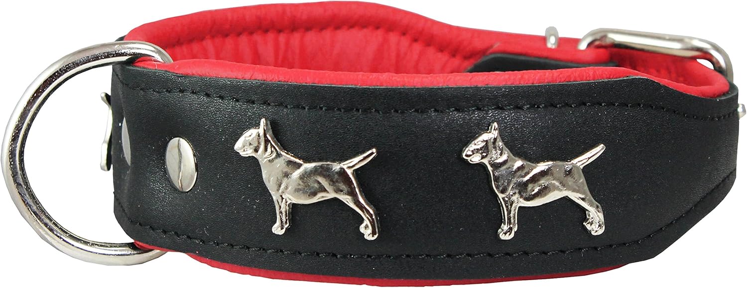 Real Leather Soft Leather Padded Dog Collar Bull Terrier 1.75" Wide. (16.75"-19.25" Neck, Black/Blue)