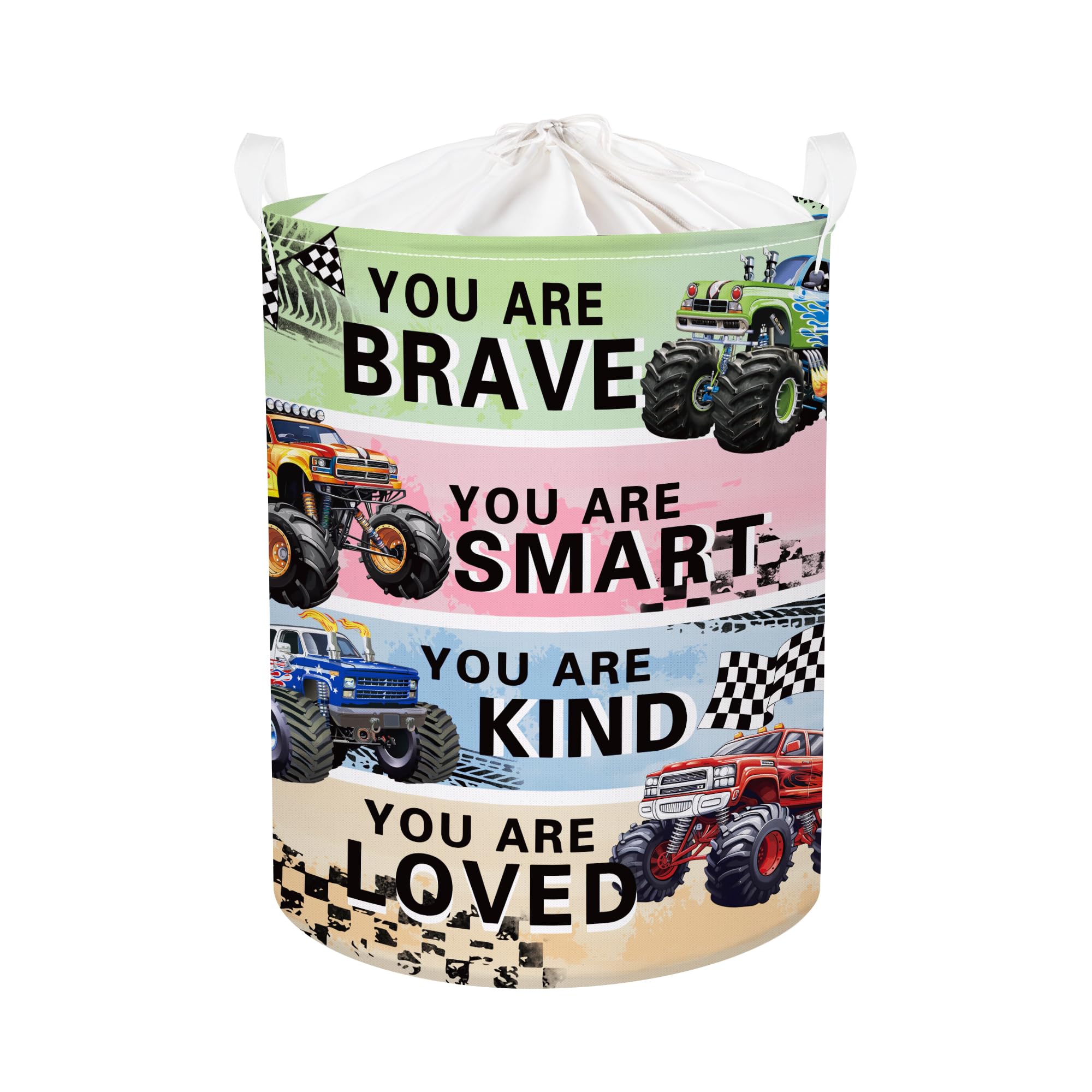 HUUMONSS Cartoon Autos Groß Wäschekorb Gelbes Baufahrzeug Stoff Aufbewahrungskorb Kleidung Spielzeug Aufbewahrungsbox für den Heimgebrauch,Monster Truck,63L