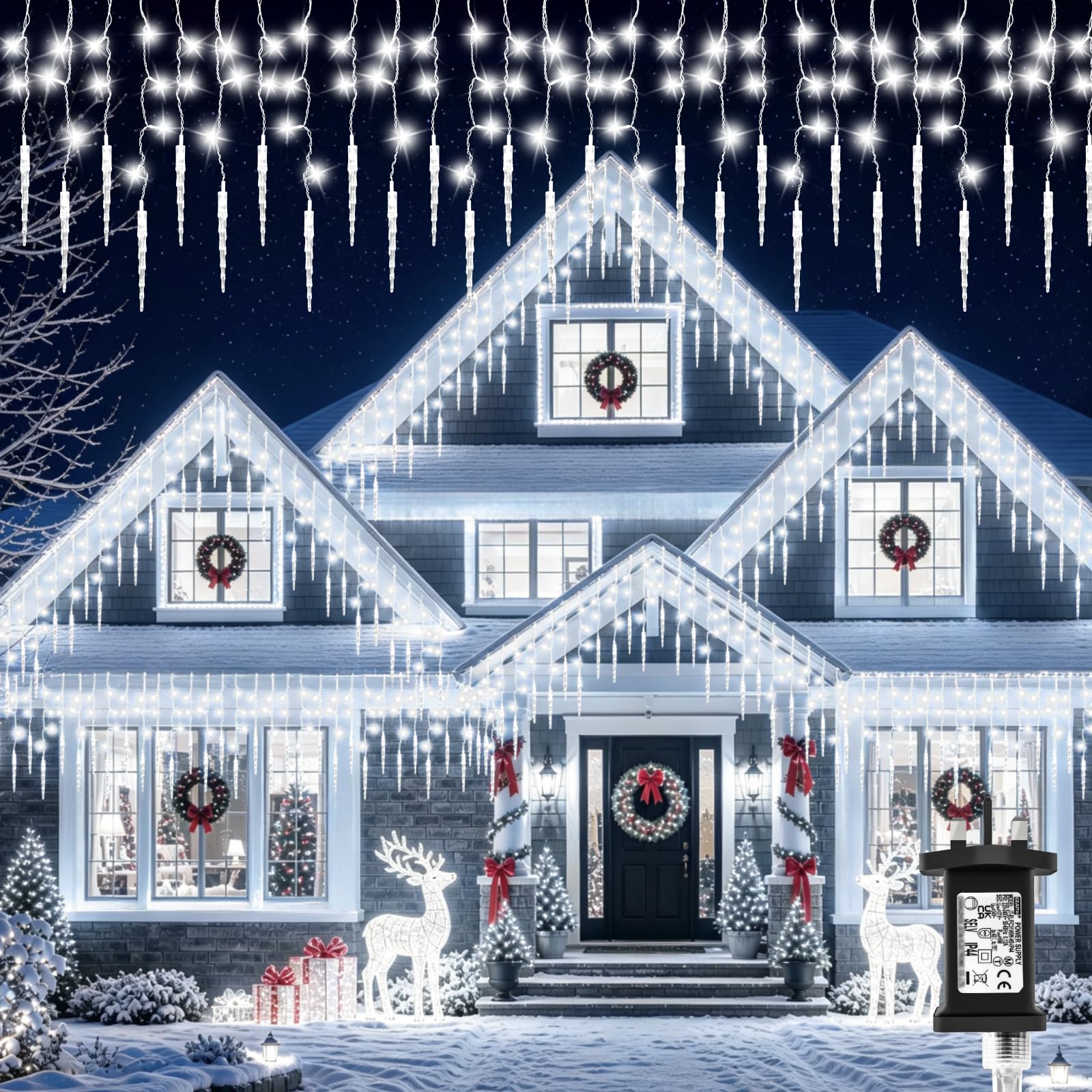 Gcstnn Icicle Lights Outdoor, 8M 135LEDs Icicle Christmas Lights Mains Powered with Timer & Waterproof &Memory Hanging Fairy Light for Outside House Gutter Roof Window Wall Xmas Decorations-CoolWhite