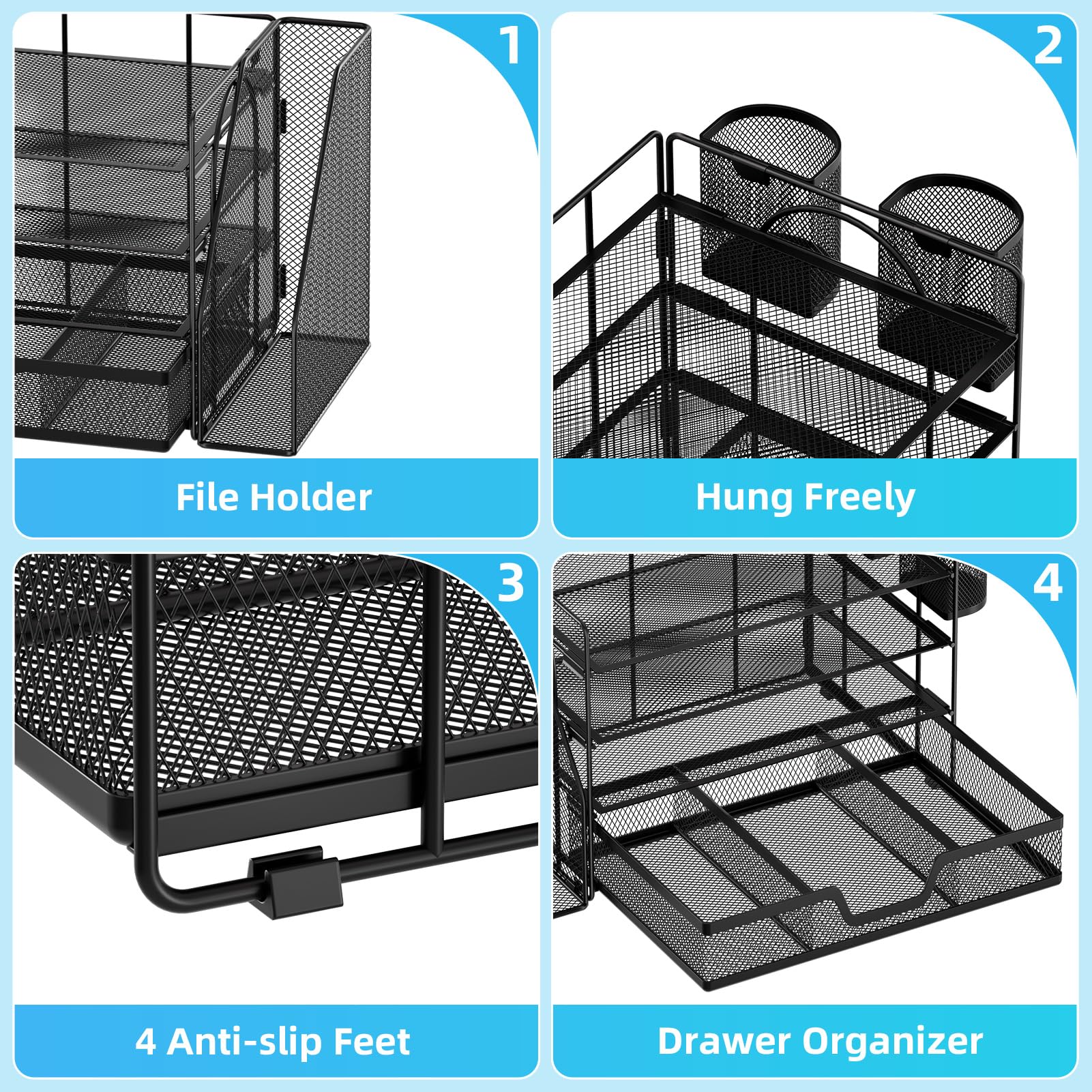 Marbrasse Organizer da scrivania e accessori, organizer per lettere a 4 livelli con porta documenti, accessori da scrivania e spazio di lavoro, organizer da scrivania con cassetto e 2 portapenne, per