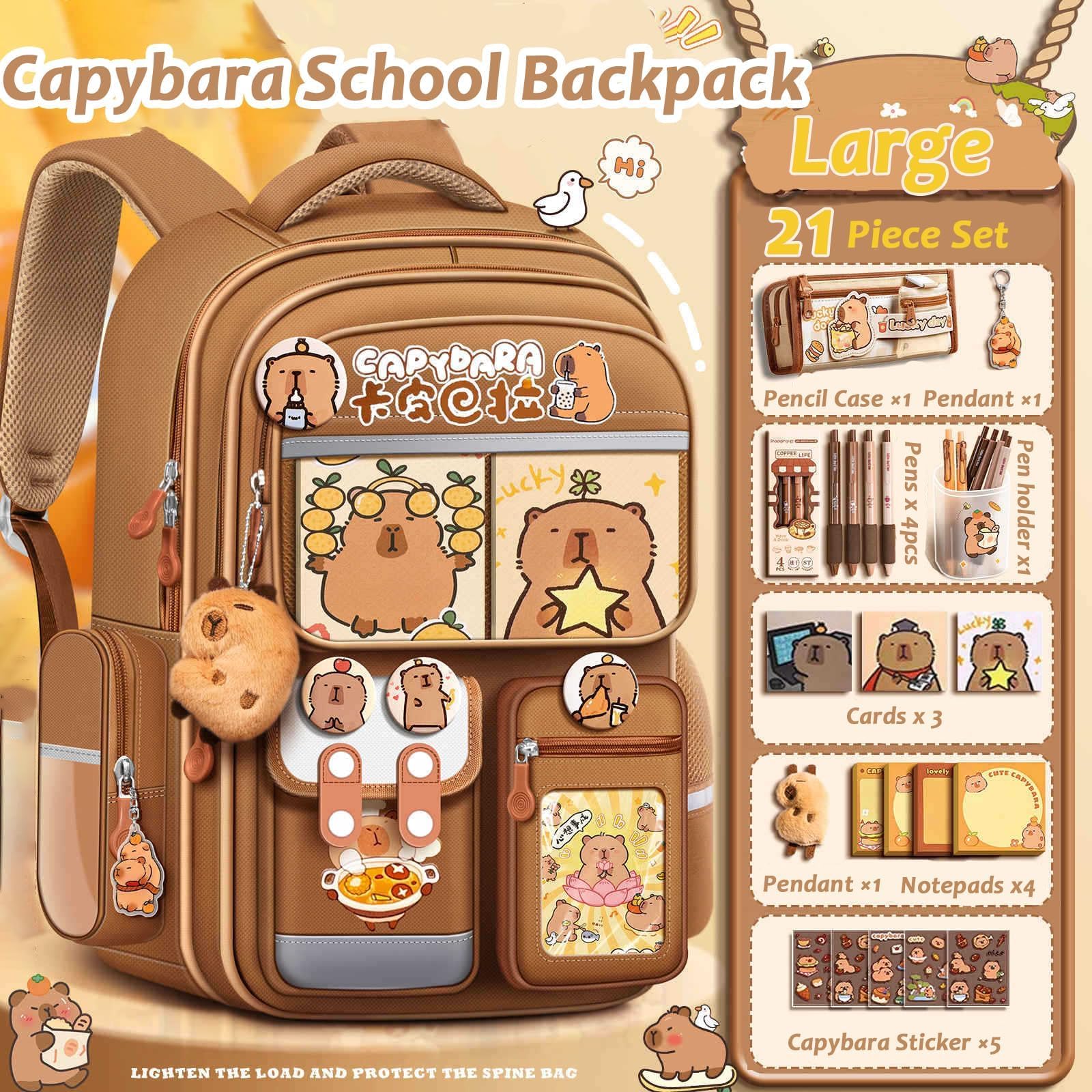 Capybara Sac à Dos pour L'école, Capybara Sac D'école avec Bandes Réfléchissantes, Cartable Kawaii pour Filles avec Kawaii Accessoires, Cartable Fille Primaire Capybara
