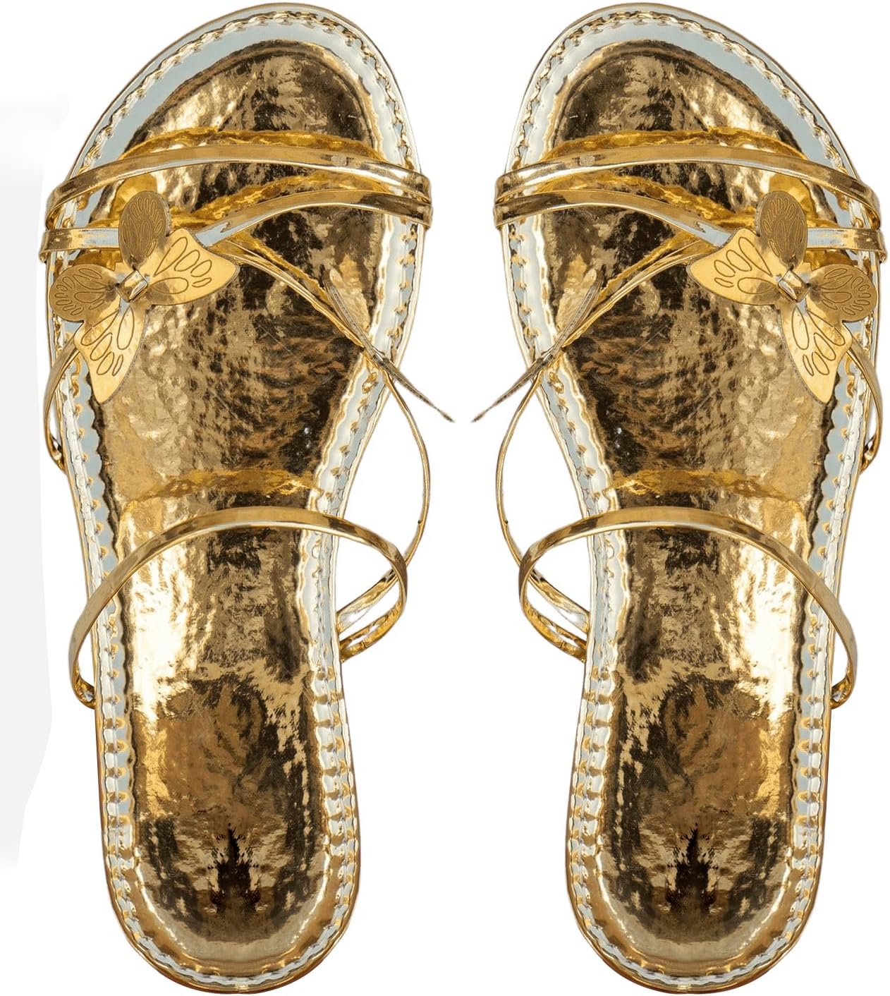 GORGLITTER Women's Gold Beach Summer Flat Sandals 2025 Strappy Cute Wedding Flats Shoes